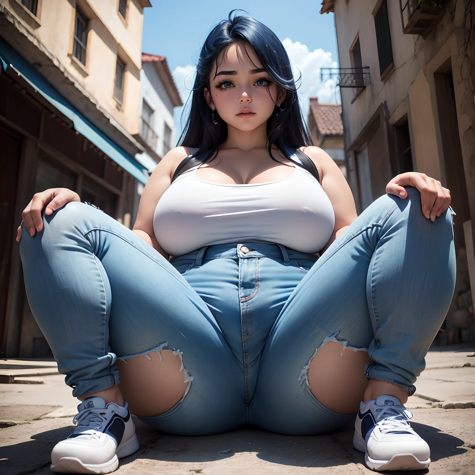 Adolescente kawaii, Curvaceous Body, Chica con muslos enormes, gorda,  pechos grandes y gordos, culo gordo, cazadora blanca, pantalones cortos de jean pegados, Zapatillas azul oscuro, cabello negro claro, pelo corto, pinza para el cabello, flequillo, ojos azules, cara preciosa, piel suave, Paisaje de almacenes abandonados, Pose de lucha, Gordq, 120 libras,