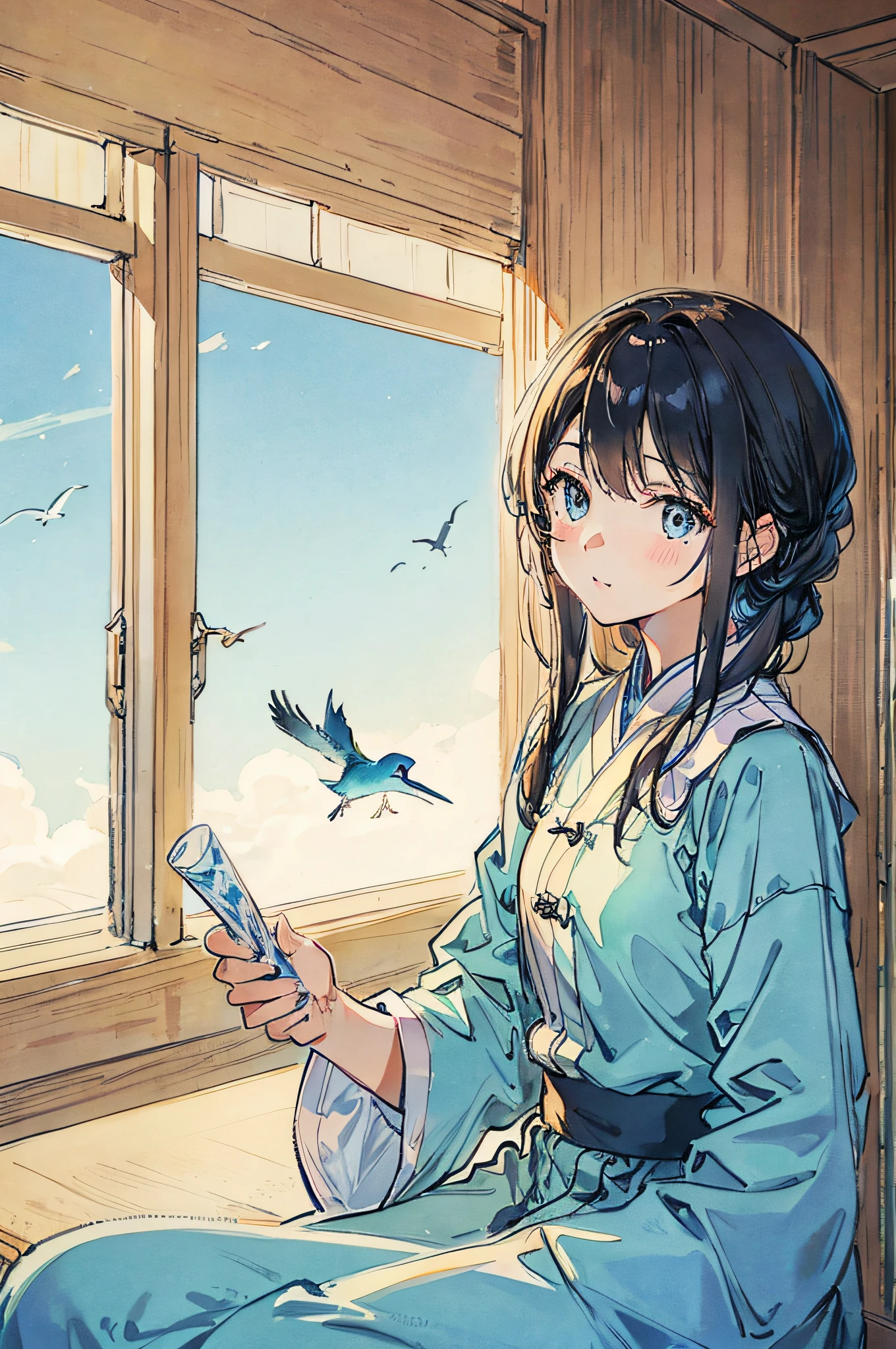 best qualtiy、细致背景、girl with、You can see the sea in the distance、Sitting in the dining room、a bird、