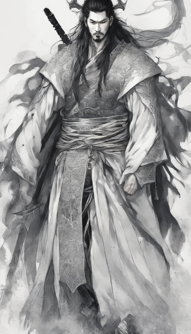 middle aged man, Evil painting style, A high resolution, Black color hair, Half is the body of a demon，Half a demon face, Chinese Warrior, Delicate three-dimensional blue flame demon face, sbeard, Wearing a hat, Expression of anger, Perfect body proportions, kaftan, Black and white robes, A scabbard hangs from his waist, Handsome, The seven-doppelganger has an unobstructed view, standing on your feet, （White background：1.3）, swordsman, He held a long knife that was wide and heavy in his hand。。。。。。。。。。。。。。。。, Face the lens, （Blackn clothes：0.8）, High detail, Masterpiece, ccurate, Anatomically correct, Textured skin