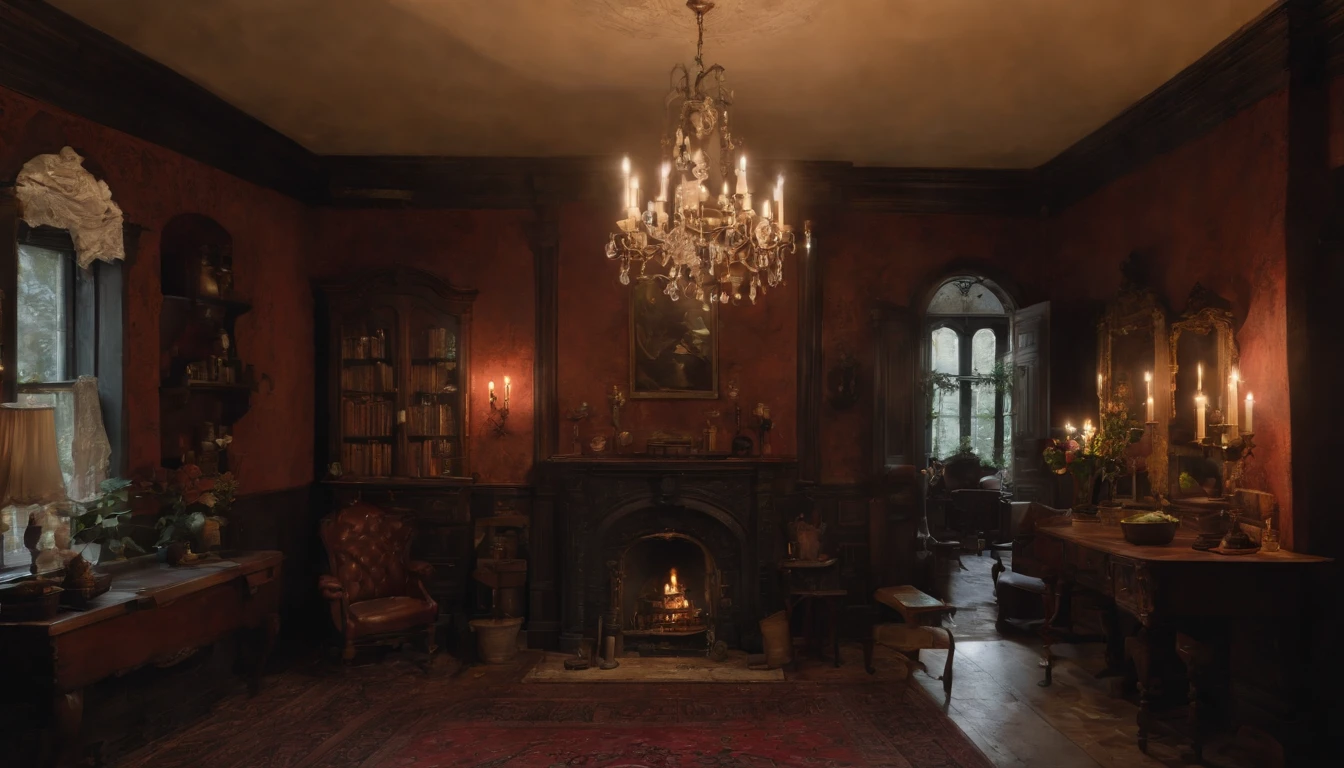 (best quality,4k,highres),Emily Foster,beautiful,detailed eyes and face,black long wavy hair,red shirt,black jeans pants,leather brown belt,tense night time,crumbling classic mansion,moonlight,historic atmosphere,lush garden silhouette,dimly lit chandelier,glimmering candlelight,dusty bookshelves,aged portraits,historical artifacts,whispering echoes,old wooden staircase,antique furniture,victorian architecture,majestic fireplace,creeping ivy,vintage wallpaper,worn-out grandeur,reflections on polished marble floors,vibrant colors,gothic ambiance,hauntingly beautiful,deep shadows,intense mystique.