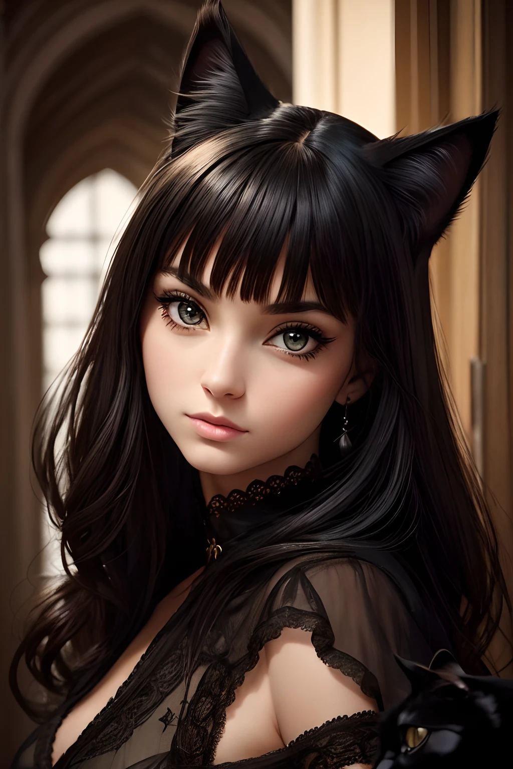 Girl with a black cat, beatiful face, immense detail, high detail, Gorgeous face,Beautiful expressive look, perfect anatomy