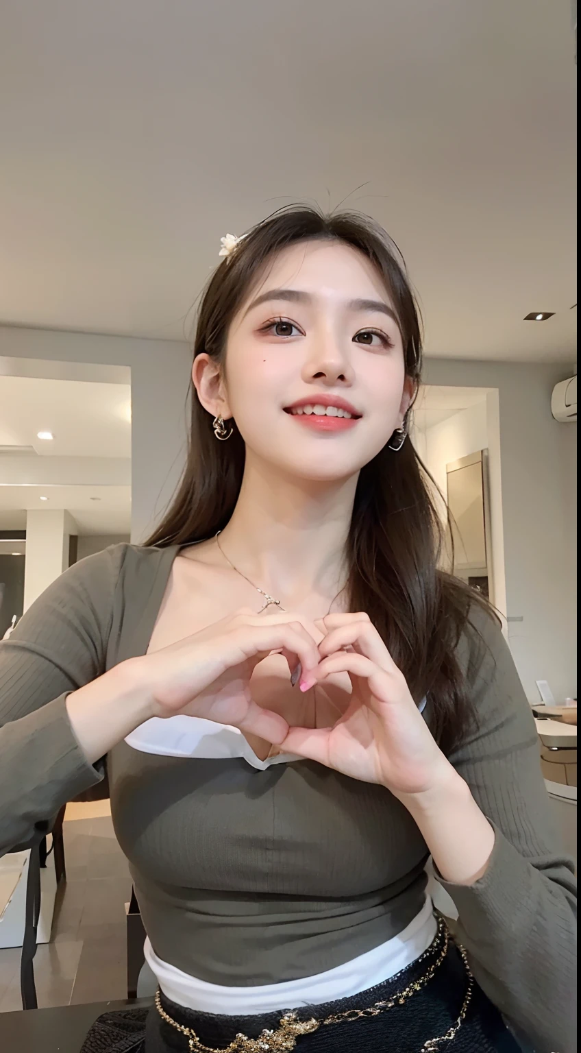 there is a woman making a heart with her hands, ruan cute vtuber, dilraba dilmurat, small heart - shaped face, full heart - shaped face, young and cute girl, 👅 👅, anime thai girl, dang my linh, lovely smile, beautiful south korean woman, ruan jia beautiful!, gorgeous young korean woman, lovely woman, Best picture quality, masterpiece, ultra high resolution, 8k, cleavage, big boobs, bust detail, hair detail, eye detail, sharp eyes, thin smile, professional lighting