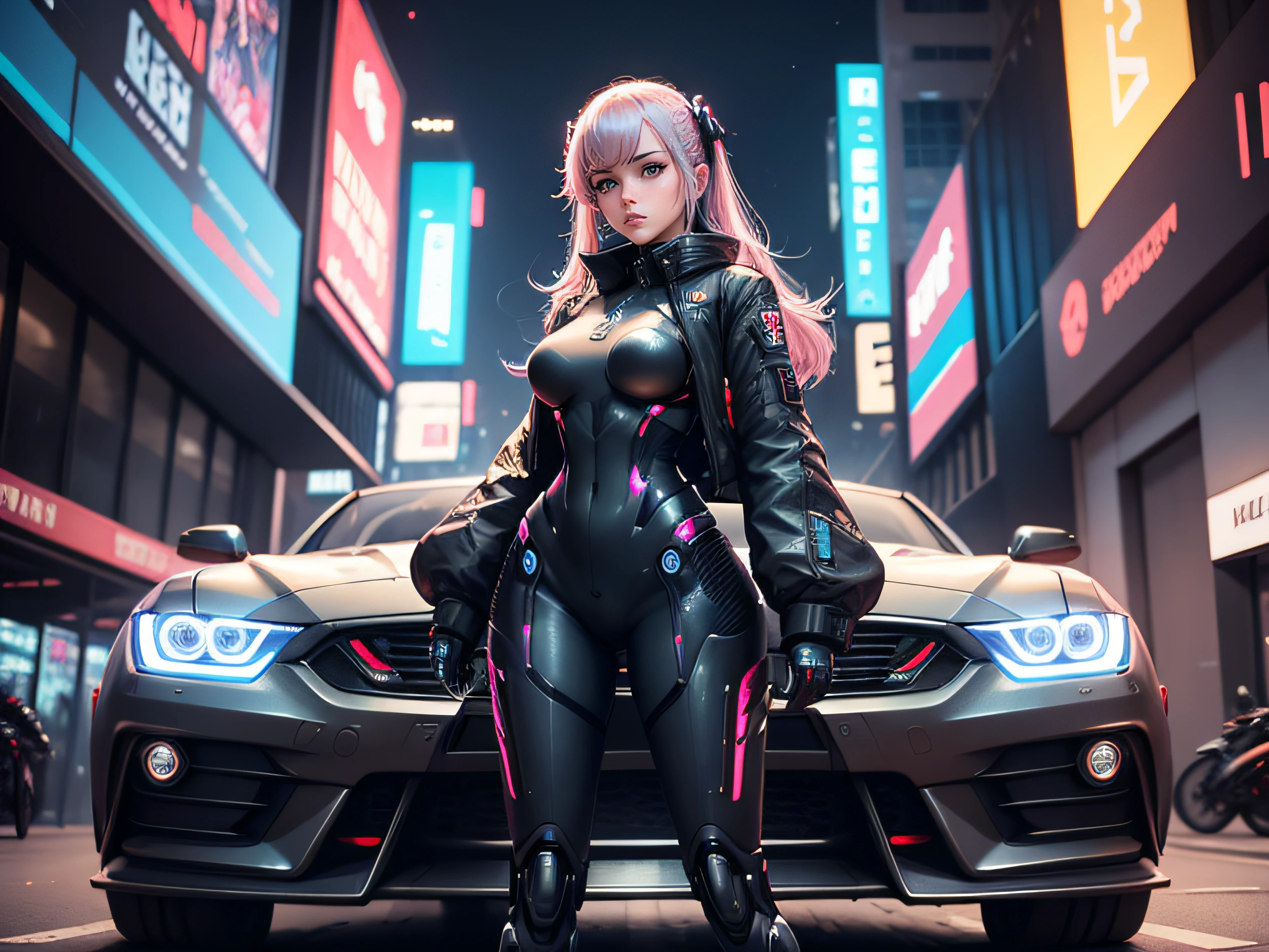 1 girl, full body, mecha, suit, cyberpunk, android, car background