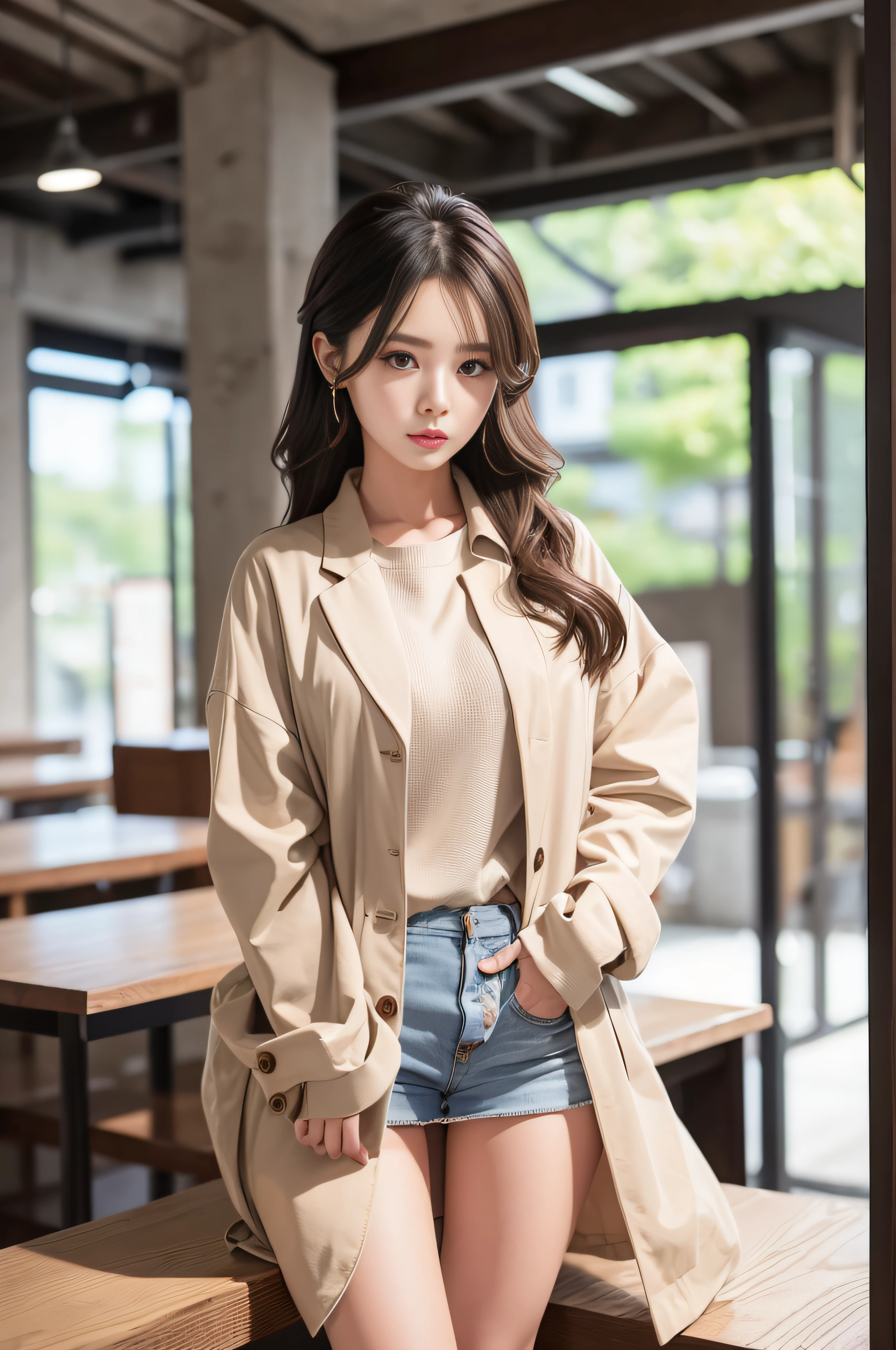 In front of a large wall、arms behind back 、 a picture、realisitic、Beautuful Women、jaket、Button shirt、tight skirts、high-heels、A detailed face、Detailed lips、A detailed eye、luslous skin、One Person、red lipsticks