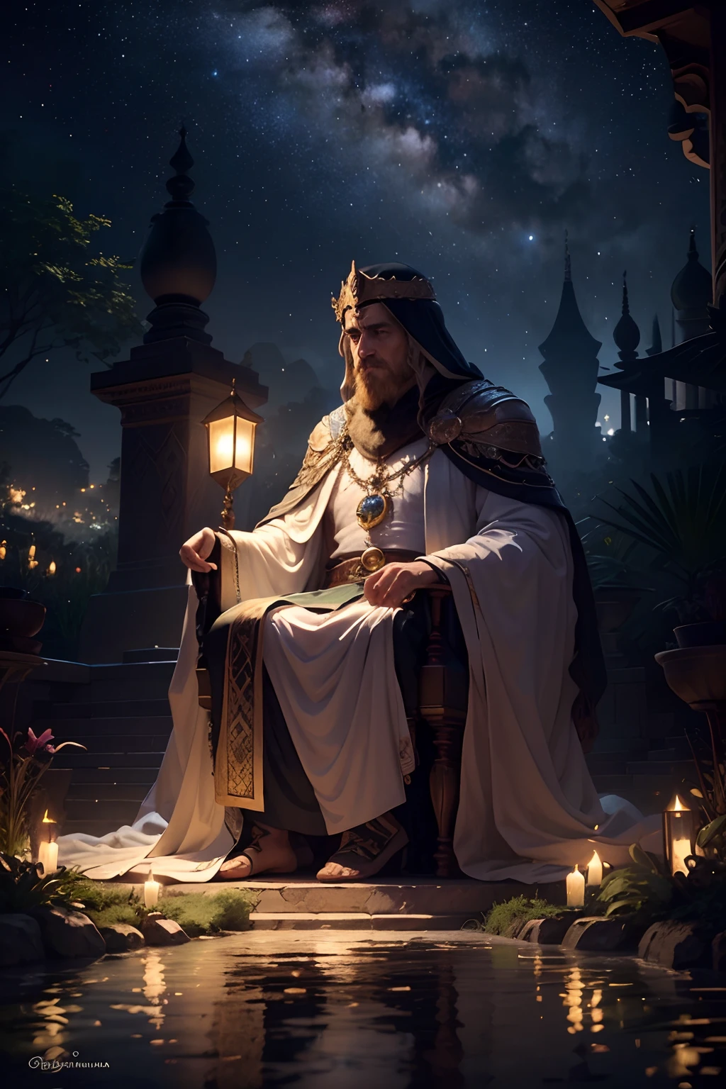 A noble and wise sultan wrapped in thoughts, In a place where the darkness of the night merged with the light of the stars and the wisdom of the sultan seemed to be a beacon guiding all who dared to enter this magical garden. It was a haven of beauty and reflection, An oasis of tranquility and mystery in the darkness of the starry night.
