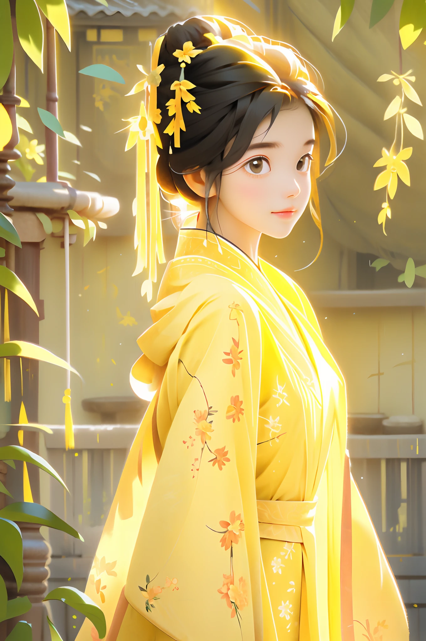 Yellow Hanfu 1 girl, morningglow