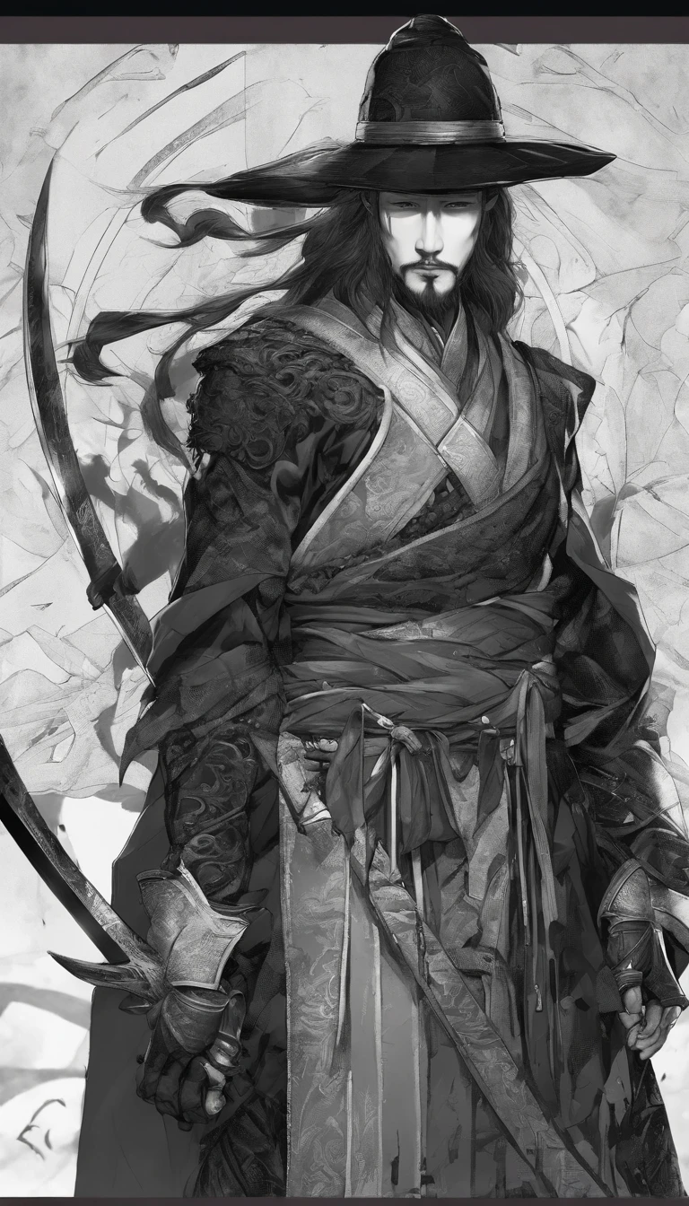 middle aged man, Evil painting style, A high resolution, Black color hair, Half is the body of a demon,Half a demon face, Chinese Warrior, Delicate three-dimensional blue flame demon face, sbeard, Wearing a hat, Expression of anger, Perfect body proportions, kaftan, Black and white robes, A scabbard hangs from his waist, Handsome, The seven-doppelganger has an unobstructed view, standing on your feet, (White background:1.3), swordsman, He held a long knife that was wide and heavy in his hand。。。。。。。。。。。。。。。。。, Face the lens, (Blackn clothes:0.8), High detail, Masterpiece, ccurate, Anatomically correct, Textured skin