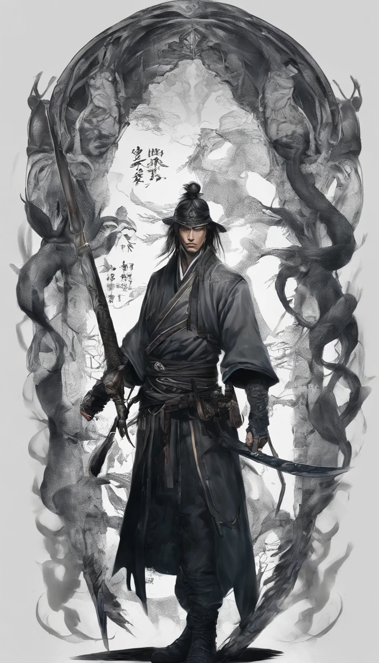 middle aged man, Evil painting style, A high resolution, Black color hair, Half is the body of a demon，Half a demon face, Chinese Warrior, Delicate three-dimensional blue flame demon face, sbeard, Wearing a hat, Expression of anger, Perfect body proportions, kaftan, Black and white robes, A scabbard hangs from his waist, Handsome, The seven-doppelganger has an unobstructed view, standing on your feet, （White background：1.3）, swordsman, He held a long knife that was wide and heavy in his hand。。。。。。。。。。。。。。。。。, Face the lens, （Blackn clothes：0.8）, High detail, Masterpiece, ccurate, Anatomically correct, Textured skin