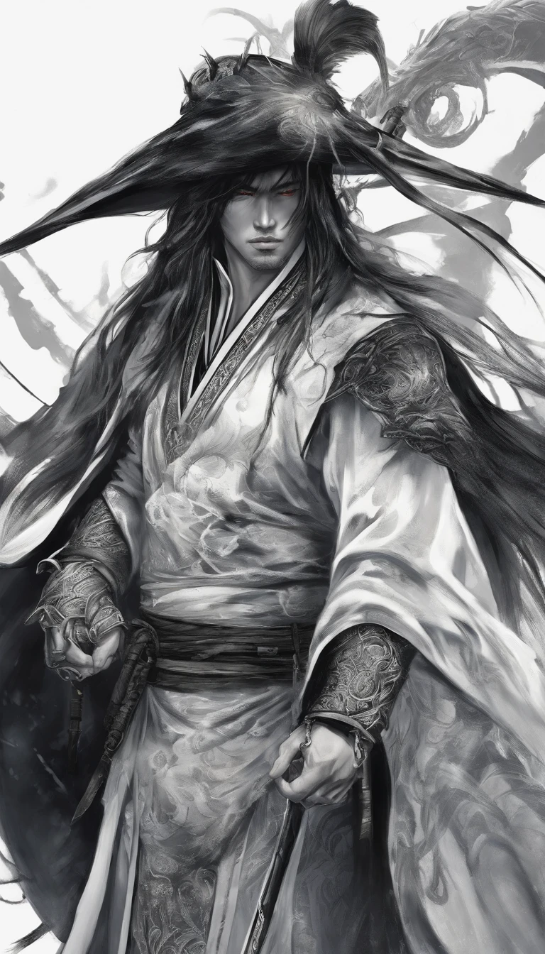 middle aged man, Evil painting style, A high resolution, Black color hair, Half is the body of a demon，Half a demon face, Chinese Warrior, Delicate three-dimensional blue flame demon face, sbeard, Wearing a hat, Expression of anger, Perfect body proportions, kaftan, Black and white robes, A scabbard hangs from his waist, Handsome, The seven-doppelganger has an unobstructed view, standing on your feet, （White background：1.3）, swordsman, He held a long knife that was wide and heavy in his hand。。。。。。。。。。。。。。。。。, Face the lens, （Blackn clothes：0.8）, High detail, Masterpiece, ccurate, Anatomically correct, Textured skin