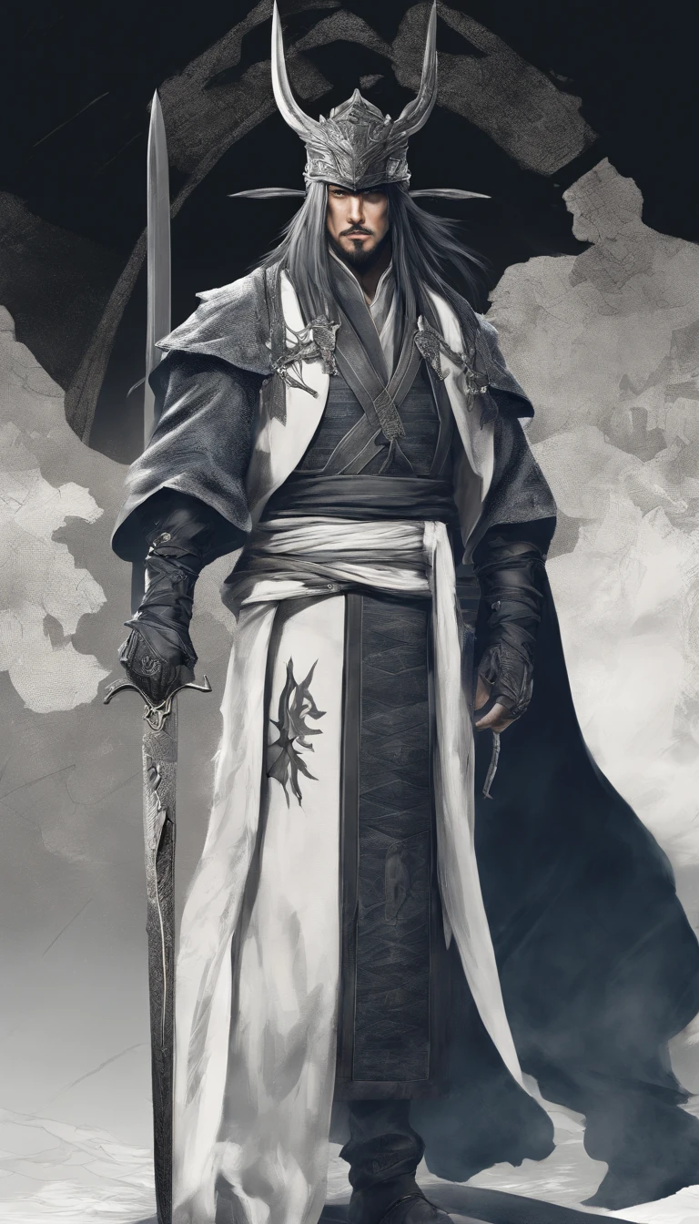 middle aged man, Evil painting style, A high resolution, Black color hair, Half is the body of a demon，Half a demon face, Chinese Warrior, Delicate three-dimensional blue flame demon face, sbeard, Wearing a hat, Expression of anger, Perfect body proportions, kaftan, Black and white robes, A scabbard hangs from his waist, Handsome, The seven-doppelganger has an unobstructed view, standing on your feet, （White background：1.3）, swordsman, He held a long knife that was wide and heavy in his hand。。。。。。。。。。。。。。。。。, Face the lens, （Blackn clothes：0.8）, High detail, Masterpiece, ccurate, Anatomically correct, Textured skin