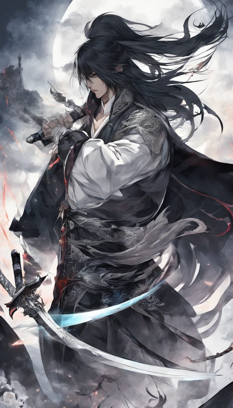 middle aged man, Evil painting style, A high resolution, Black color hair, Half is the body of a demon，Half a demon face, Chinese Warrior, Delicate three-dimensional blue flame demon face, sbeard, Wearing a hat, Expression of anger, Perfect body proportions, kaftan, Black and white robes, A scabbard hangs from his waist, Handsome, The seven-doppelganger has an unobstructed view, standing on your feet, （White background：1.3）, swordsman, He held a long knife that was wide and heavy in his hand。。。。。。。。。。。。。。。。。, Face the lens, （Blackn clothes：0.8）, High detail, Masterpiece, ccurate, Anatomically correct, Textured skin