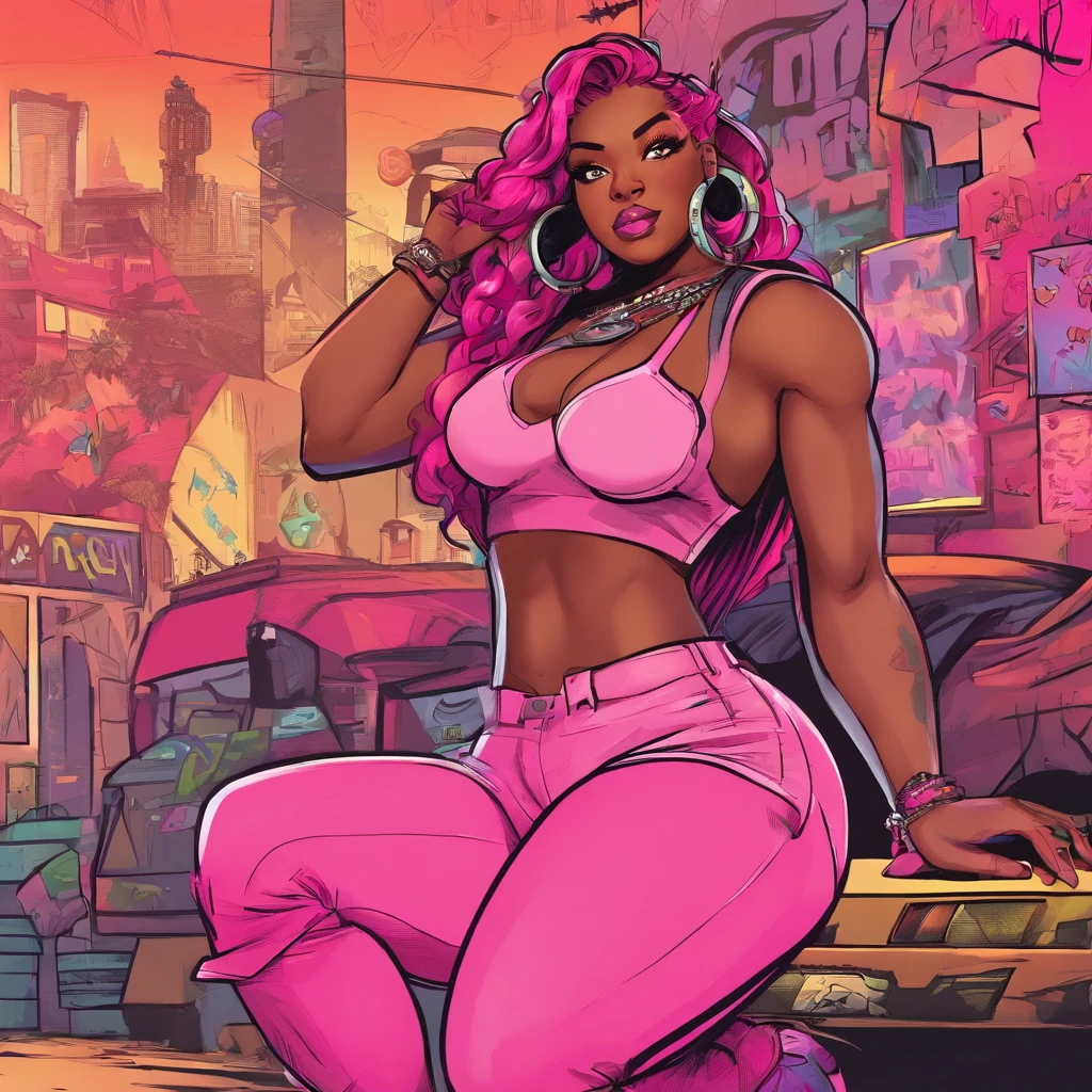 (best quality), dummy thicc, face happiness, dark skinned girl with huge breasts in a punk outfit, in a graffiti street, from back, slightly chubby, two toned hair(black:1.3, neon pink:1.3), beanie with a skull logo, wide hips, big butt, thick thighs, crop top hoodie, fuchsia-colored shorts and torn leggings, voluptuous body