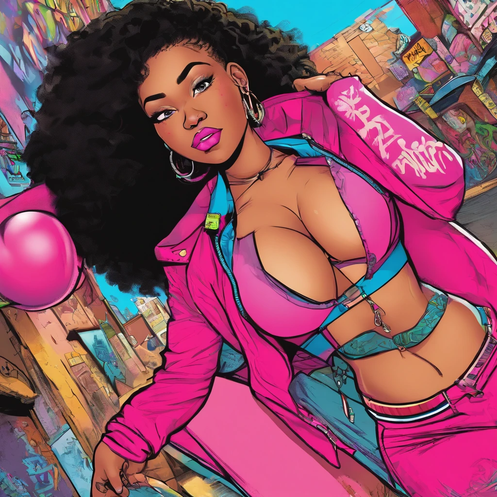 (best quality), dummy thicc, face happiness, dark skinned girl with huge breasts in a punk outfit, in a graffiti street, from back, slightly chubby, two toned hair(black:1.3, neon pink:1.3), beanie with a skull logo, wide hips, big butt, thick thighs, crop top hoodie, fuchsia-colored shorts and torn leggings, voluptuous body