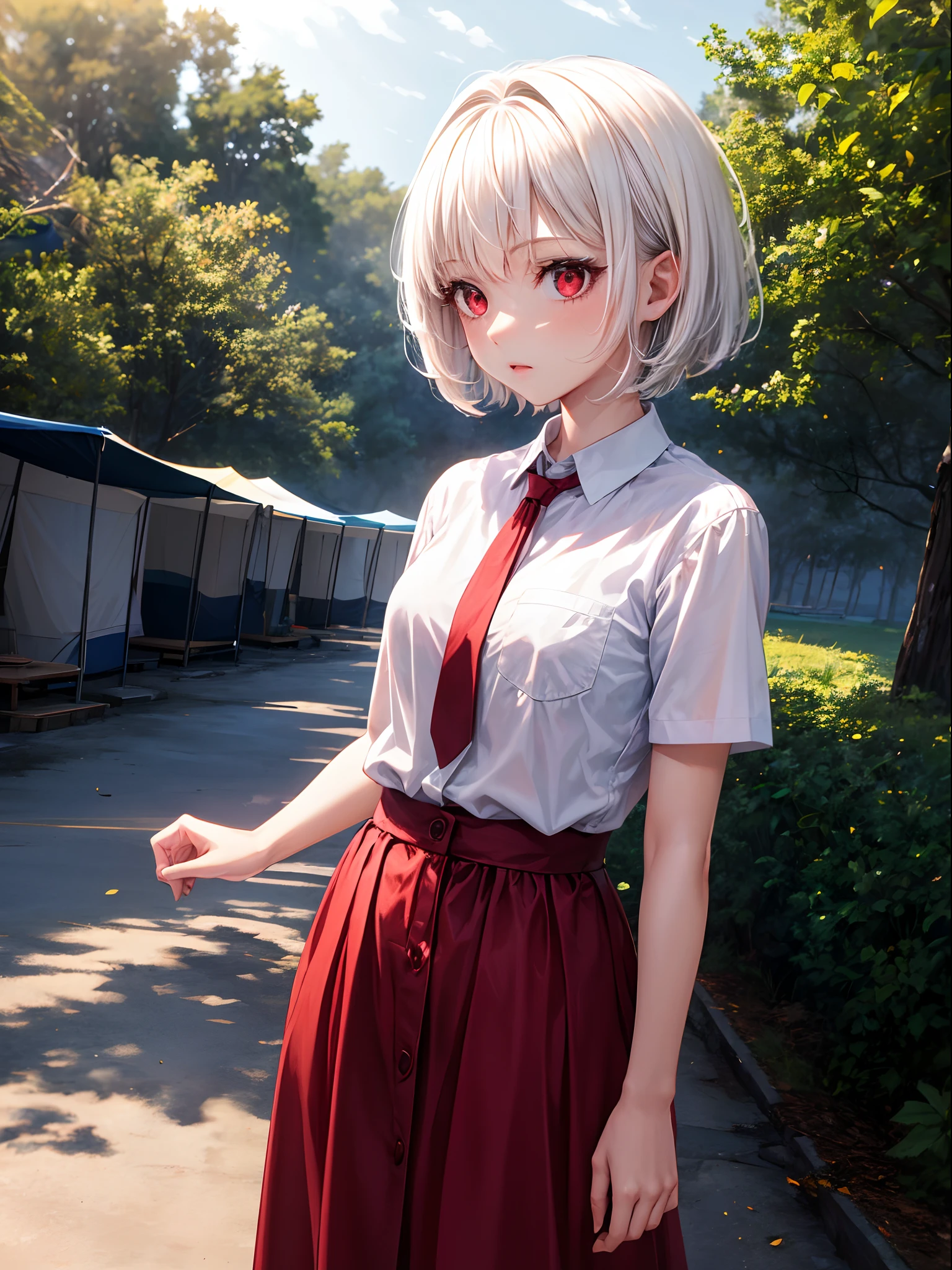 1girl, best lighting, half body, short hair, white hair, high growth, red eyes, white shirt, camp backround,