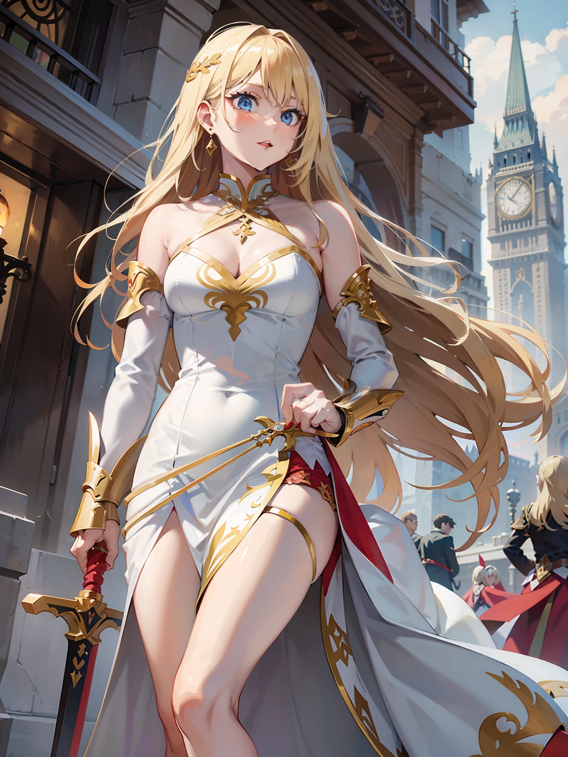 masterpiece, highest quality,High resolution,High-quality images,Detailed eye depiction,Skin luster,Shiny Hair,Fine grain,Adult women,Very detailed,Rin々Nice face,Open Mouth Smile,White and gold adventurer uniform,Royal attire,necklace,The world of medieval Europe,Show your armpits,Black eyes,The dignity of a hero,,Small hair ornament,tattoo,Cape,Legs visible through the skirt,Natural Beauty,,Cinematic,Large Breasts,Cleavage,(((Defeat an enemy with a flying kick))),(((Enemies are hidden))),(((Face towards the enemy))),Perform a spinning kick in a fighting action pose,Prioritize image quality,Chest level kick, The kick is a very powerful movement