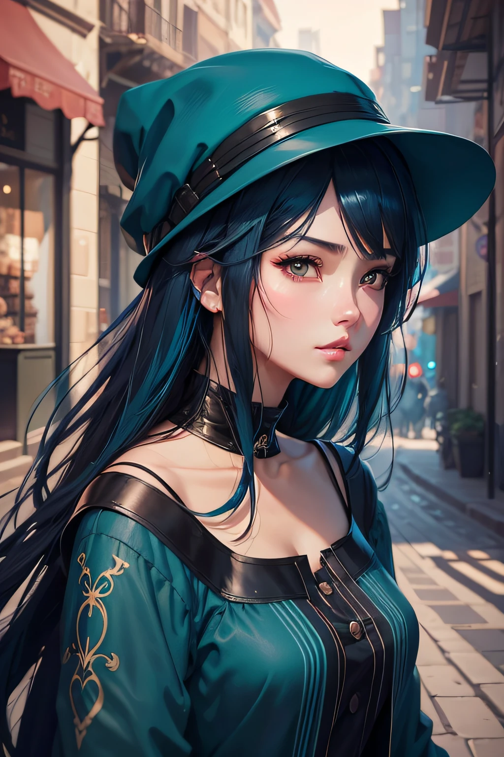 black haired girl wearing blue hat and dress, artwork, beautiful woman portrait, guweiz, beautiful anime girl, beautiful anime style, teal haired anime girl, anime style. 8k, in bowater art style, beautiful digital illustrations, beautiful character paintings, amazing anime portraits