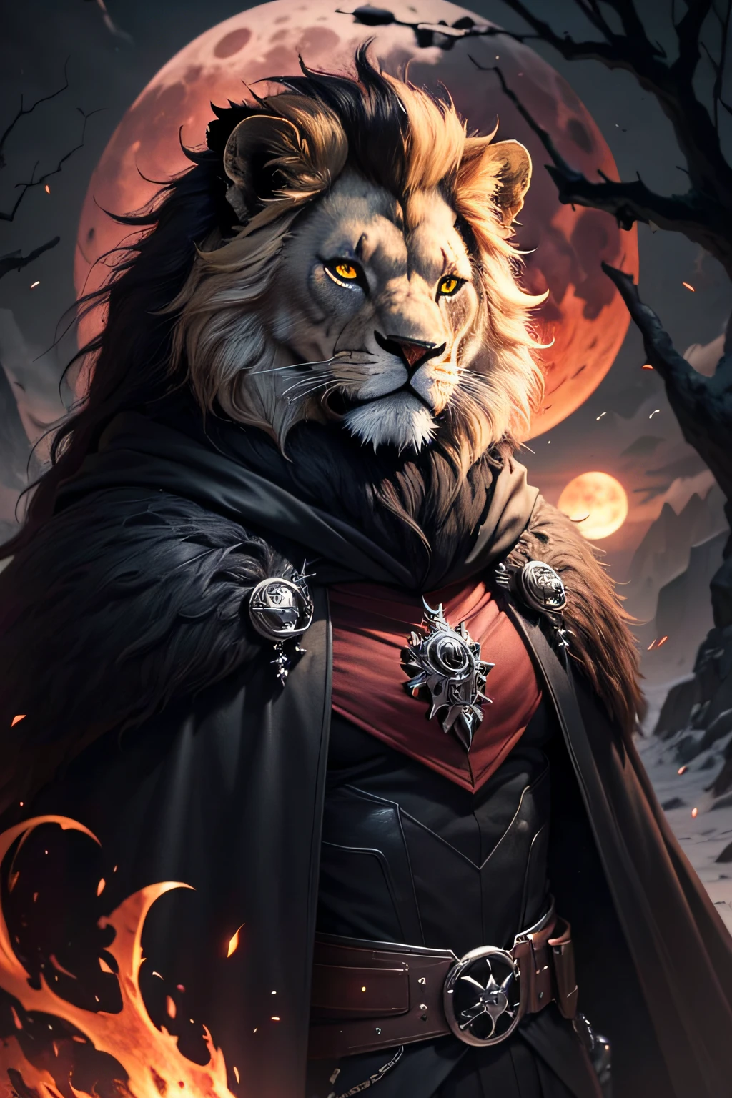 (the ultimate death lion) best quality, ultra high res,1furry boy, solo,detailed eyes, volumetric lighting, amazing, finely detail, , black cloak , white fur, red eyes, black sclera, bright pupils, bright atmosphere, muscular, upper body, full moon , red moon , (blood moon), woods in background, night (remake 4K)