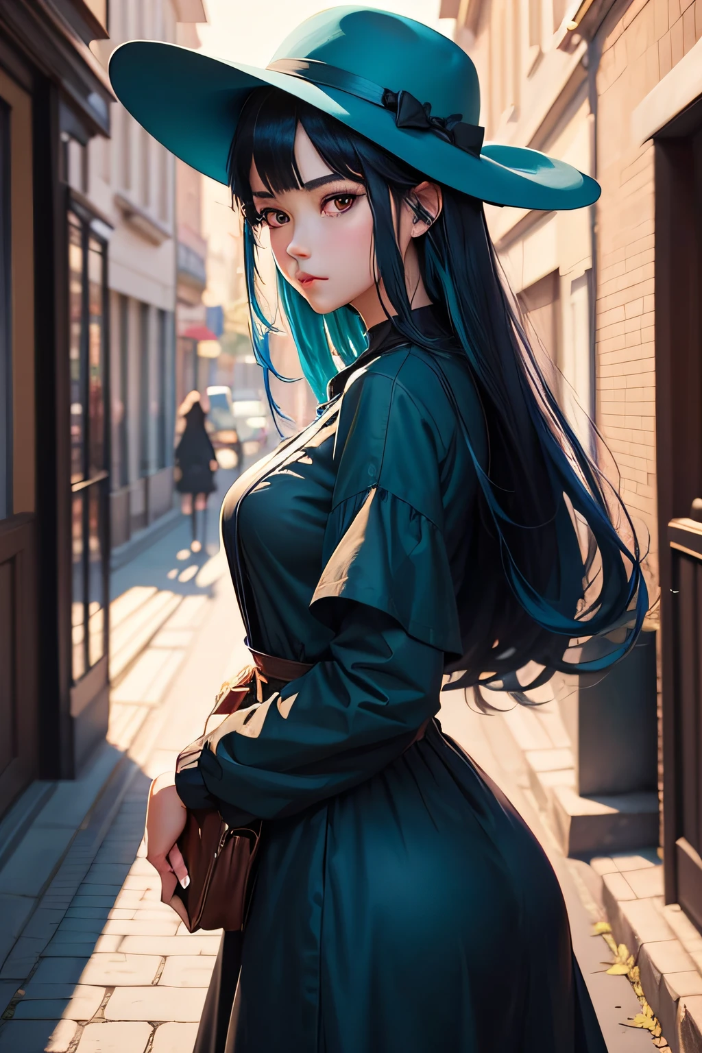 black haired girl wearing blue hat and dress, artwork, beautiful woman portrait, guweiz, beautiful anime girl, beautiful anime style, teal haired anime girl, anime style. 8k, in bowater art style, beautiful digital illustrations, beautiful character paintings, amazing anime portraits