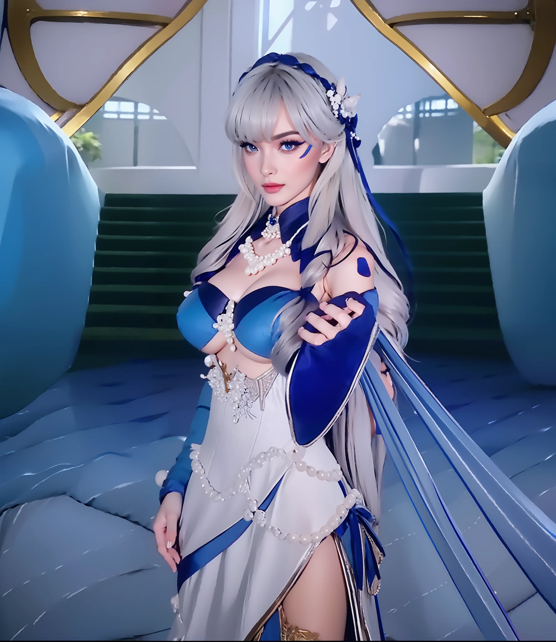 white long hair, pearl necklace, wearing blue navy dress elegant, big breasts, hands reach forward, glare expression, staring intently, 3horn headband, blue nails, photorealistic, masterpiece, 5 finger