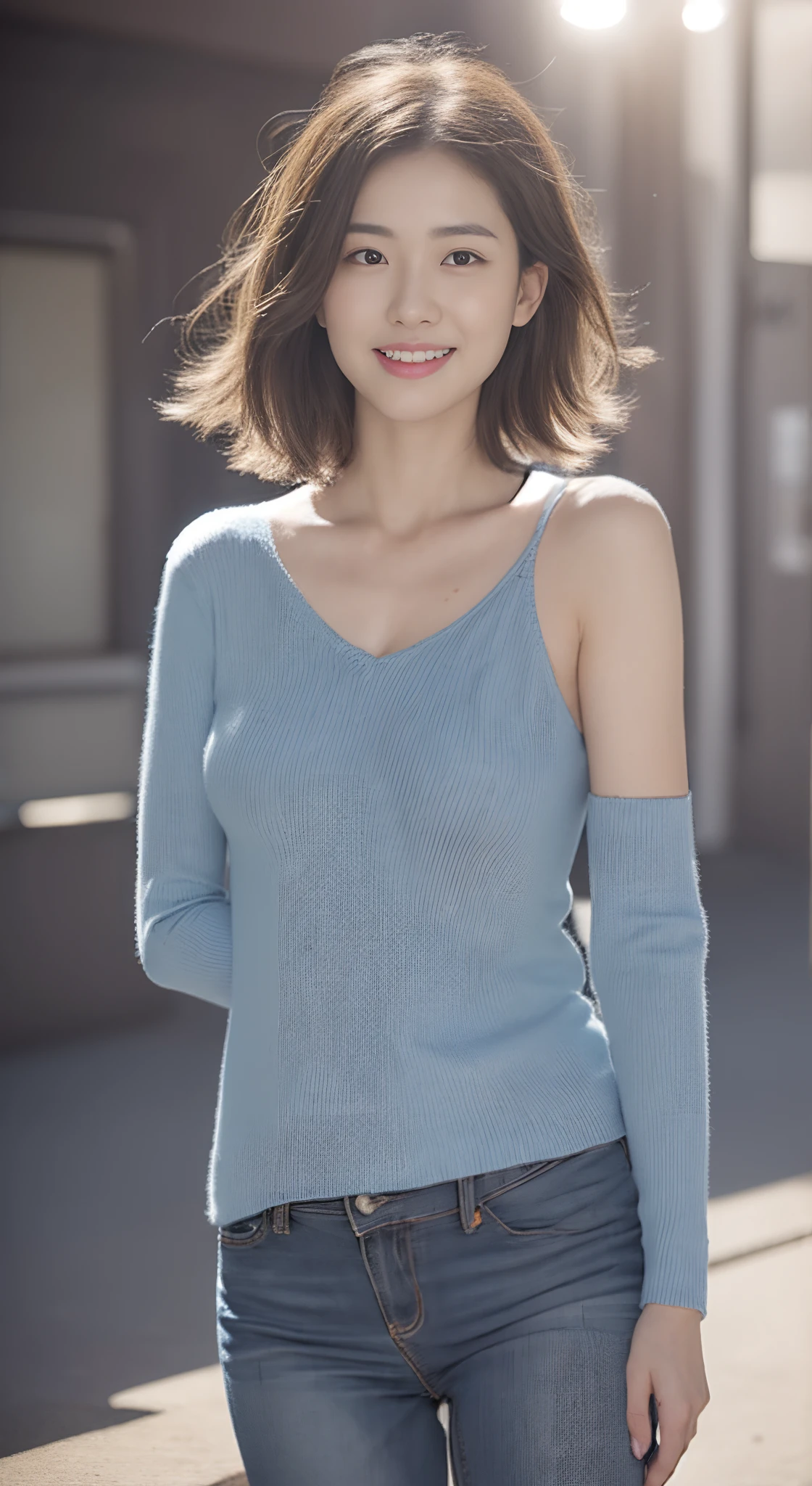 (skin blemish:1.2), (skin indentation), dark circles, 1womanl, 25 age old, (((woman))), Solo, Realistic, Best quality, Photorealistic, Mastery, 8K, A high resolution, Solo, Extremely detailed face, (Professional lighting,Bokeh),(light particules,lens flare glow,Luminous Particle:0.6),(dynamicposes:1.2),gentlesoftlighting,Top corner view,Trendy atmosphere,jpn,the street,城市,toyko,ports,((In the daytime)), Skysky, ((looking at viewert:1)), (looks into camera), opulent,Coquettish sex,Coquettish pose,Dignified standing,Show off your figure,The posture is diverse, keep original facial proportion, Shave your shoulders, full bodyesbian, (Bigchest), (short detailed hair,bobo head), A brown-haired, Hair is delicate and soft,Fluttering, cparted lips, lipsticks, Seductive smile, ssmile, Open-mouthed, teeth, (Blue skinny sweater), (Wash blue)(skintight jeans),detailed outfits:1.5, eyeslashes, birthmark, (Moles under eyes: 1),Legs are well-proportioned, Slender and fair,A pair of lotus ankles are white and tender,without wearing shoes,Beautiful feet with meticulous details,Focus on the chest,Standing position,fully body photo:1.8