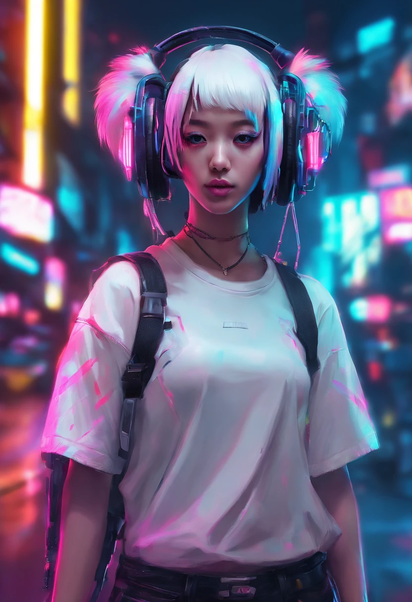 Panda-headed girl in white T-shirt in the cyberpunk town of Takatsuki amarelo colourfull