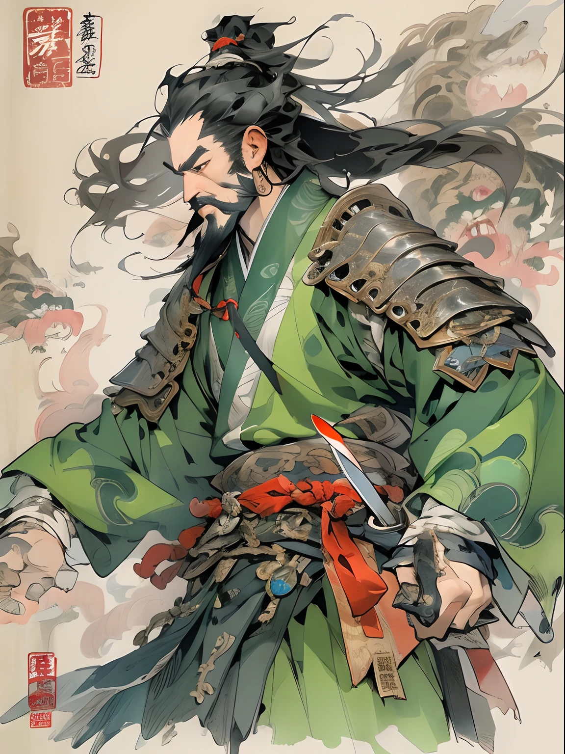 (((China-style，Ink painting method，Half-length portrait，Intense color，Han dynasty, China，Hanfu，Armor，Guan yu，Guan Yunchang，of a guy，Ruddy killing square face，Hold the Blue Dragon Moon Knife in his right hand，Stroke your beard with your left hand，Long hair，petty eyes，Green robe))), (((best qualityer))), (((tmasterpiece))), (((AS-Adult))), ((( Japanese ))), Look up from your knees, Handsome Asian samurai，perfect body figure, Modern samurai, ((( Asian))), Wear gloves on your hands，The left arm is made of steel and metal tips，Made of protective devices, The eyes are pulled, (( Appears below the chest )), (( Small dental floss )), Simon Bisley, Almost naked（Simon Bisley）Castle City Wilderness，For high-resolution posters, hair straight, Minimum clothing, armure (Crazy clothes ), Full of tips and rivets, tribal tattoos, (((full bodyesbian))), Straight brunette hair，Colored hair ends