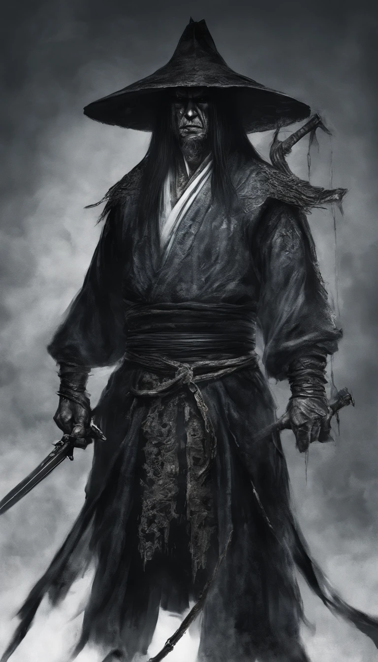 middle aged man, Evil painting style, A high resolution, Black color hair, Half is the body of a demon,Half a demon face, Chinese Warrior, Delicate three-dimensional blue flame demon face, sbeard, Wearing a hat, Expression of anger, Perfect body proportions, kaftan, Black and white robes, A scabbard hangs from his waist, Handsome, The seven-doppelganger has an unobstructed view, standing on your feet, (White background:1.3), swordsman, He held a long knife that was wide and heavy in his hand。。。。。。。。。。。。。。。。。。, Face the lens, (Blackn clothes:0.8), High detail, Masterpiece, ccurate, Anatomically correct, Textured skin