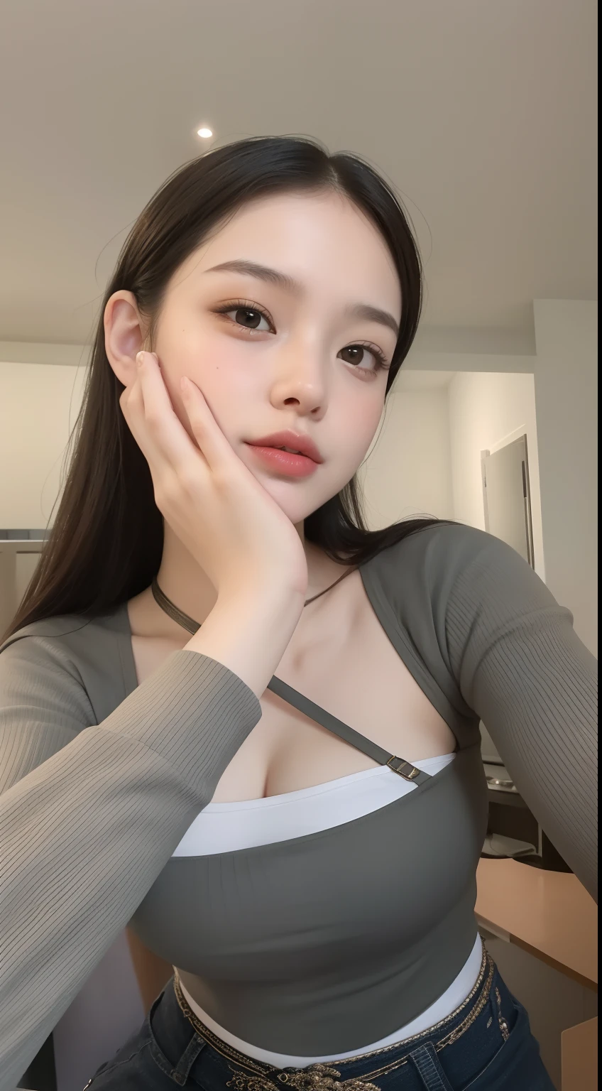 there is a woman with a surprised look on her face, ruan cute vtuber, thick lips, young and cute girl, sexy face, she has a cute face, beautiful asian girl, young cute wan asian face, asian girl, clear cute face, sexy look at the camera, clear lips and high quality, 19-year-old girl, Best picture quality, masterpiece, ultra high resolution, 8k, cleavage, big boobs, bust detail, hair detail, eye detail, sharp eyes, thin smile, professional lighting