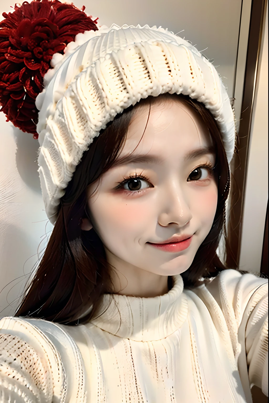 white  shirt、Pom pom knit hat、8k、top-quality、masutepiece、small nose、Smirking expression