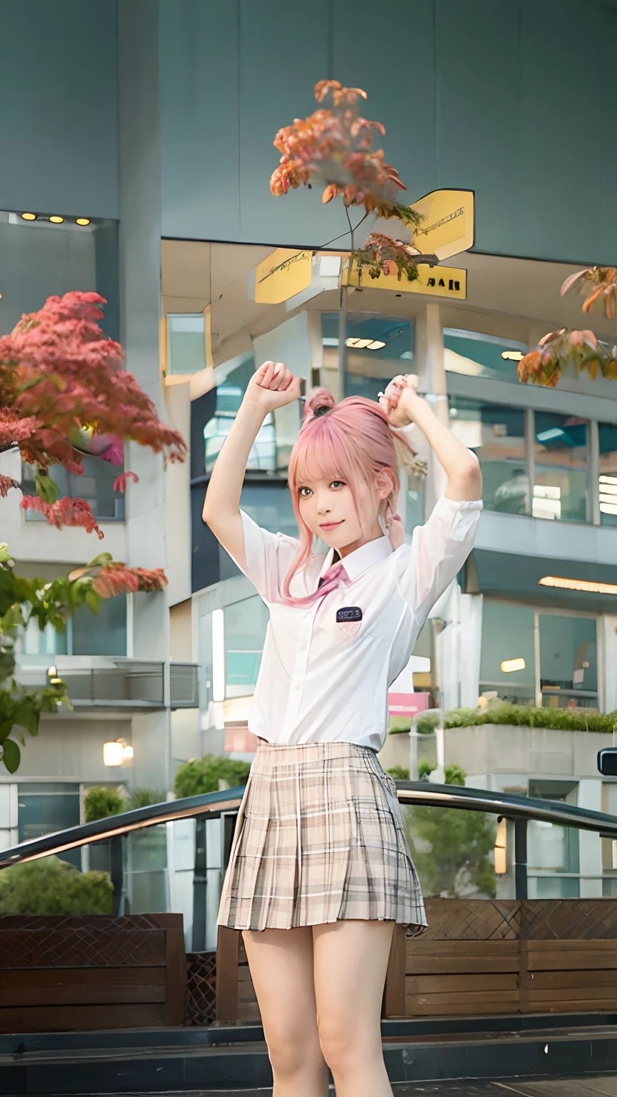 1 girl, pink hair, school uniform