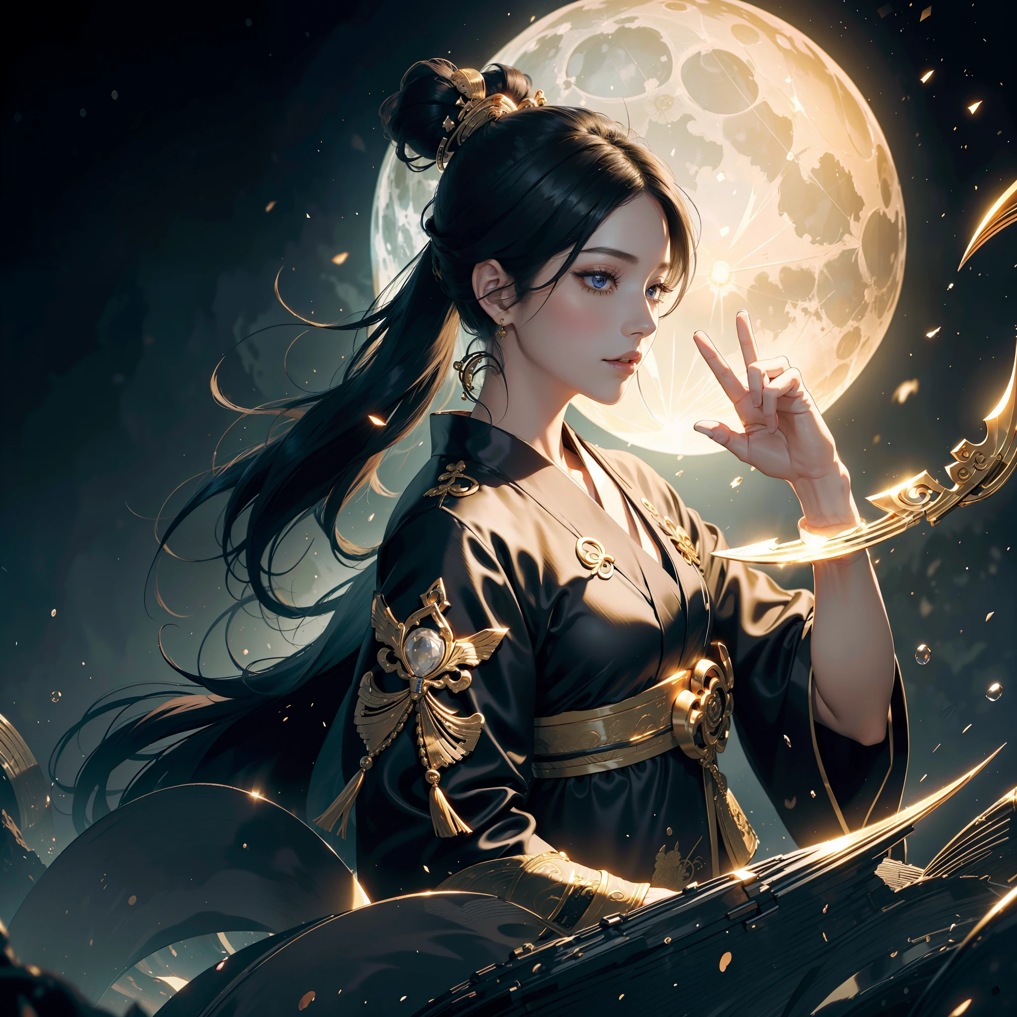 watching at viewers、Background with(a moon)(ancient city:1.2)、(dense background:1.5)、poneyTail、Woman with shiny black hair、{{{Luxury kimono(Black kimono(Detailed golden embroidery,))}}}、face perfect,Depict a beautiful and graceful woman of Japan。Heart in the eye。full body Esbian。 Wallpaper 8K, .Blur the background with a sickle,((masutepiece)), ((Best Quality))