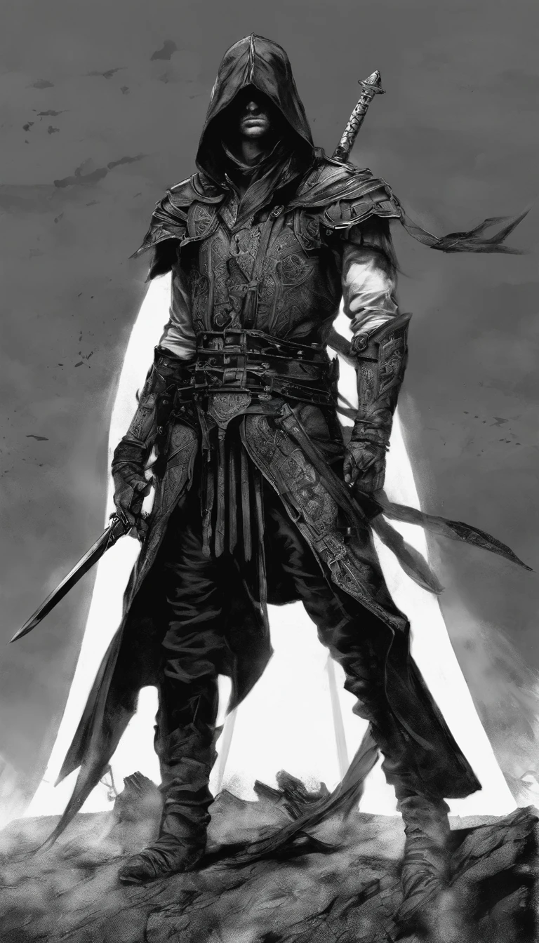 Hombre de mediana edad, Estilo de pintura malvado, A high resolution, cabello de color negro, La mitad es el cuerpo de un demonio，La mitad de una cara de demonio, Guerrero chino, Delicada cara tridimensional de demonio de llama azul, barba, con sombrero, expression of anger, Proporciones corporales perfectas, caftán, Black and white robes, Una vaina cuelga de su cintura, guapo, The seven doppelganger has an unobstructed view, De pie, （fondo blanco：1.3）, swordswoman, He was holding a long knife that was wide and heavy in his hand..。。。。。。。。。。。。。。。。, Face the lens, （Ropa negra：0.8）, High detail, Obra maestra, ccurar, Anatomically correct, piel texturizada
