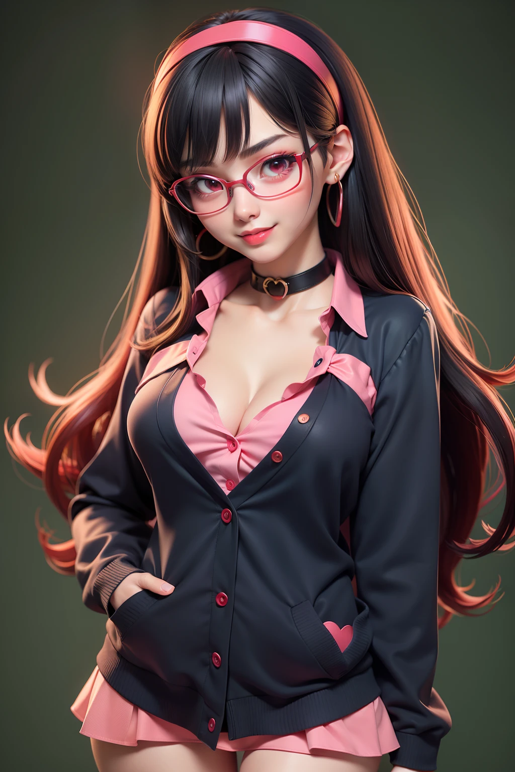 1 kawaii gamer girl, nsfw, japanese girl, solo, bright red eyes, glasses, eyelids, blush, seductive smile, naughty expression, red lips, hair bangs, smooth long hair, black hair, pink ribbon hairband, heart earings, collar, collarbone, sexy body, slim waist, navel, natural medium breast, cleavage, flat chest, cleavage, sexy school uniform, erotic pose, flat green background, upper body, hand in pocket