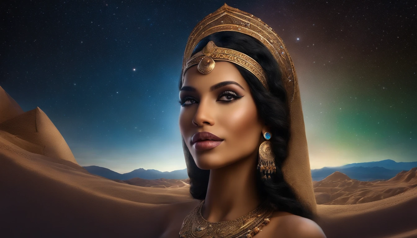 Illustrate the sky egytian goddess Nut arched over the earth with stars on her body.