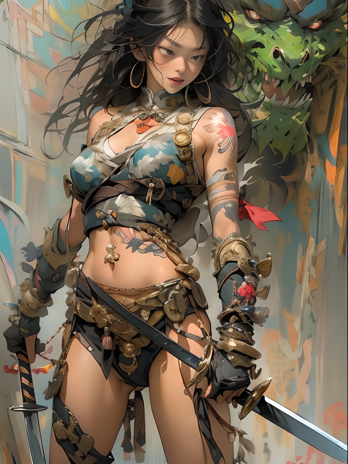 (((mulher))), (((melhor qualidade))), (((obra prima))), (((adulta))), Uma guerreira mulher de 35 anos com corpo perfeito, Brooklyn Gladiators, (( under boobs )), quase nua no estilo selvagem urbano de Simon Bisley para a capa da revista Heavy Metal, cabelo loiro, Minimum clothing, armadura (azul escuro com estrelas brancas e vermelho com listras brancas), cheio de pontas e rebites manchadas de tinta, tatuagem de estrelas de 5 pontas, (((corpo inteiro))), cabelo preto curto com franja branca cobrindo a testa