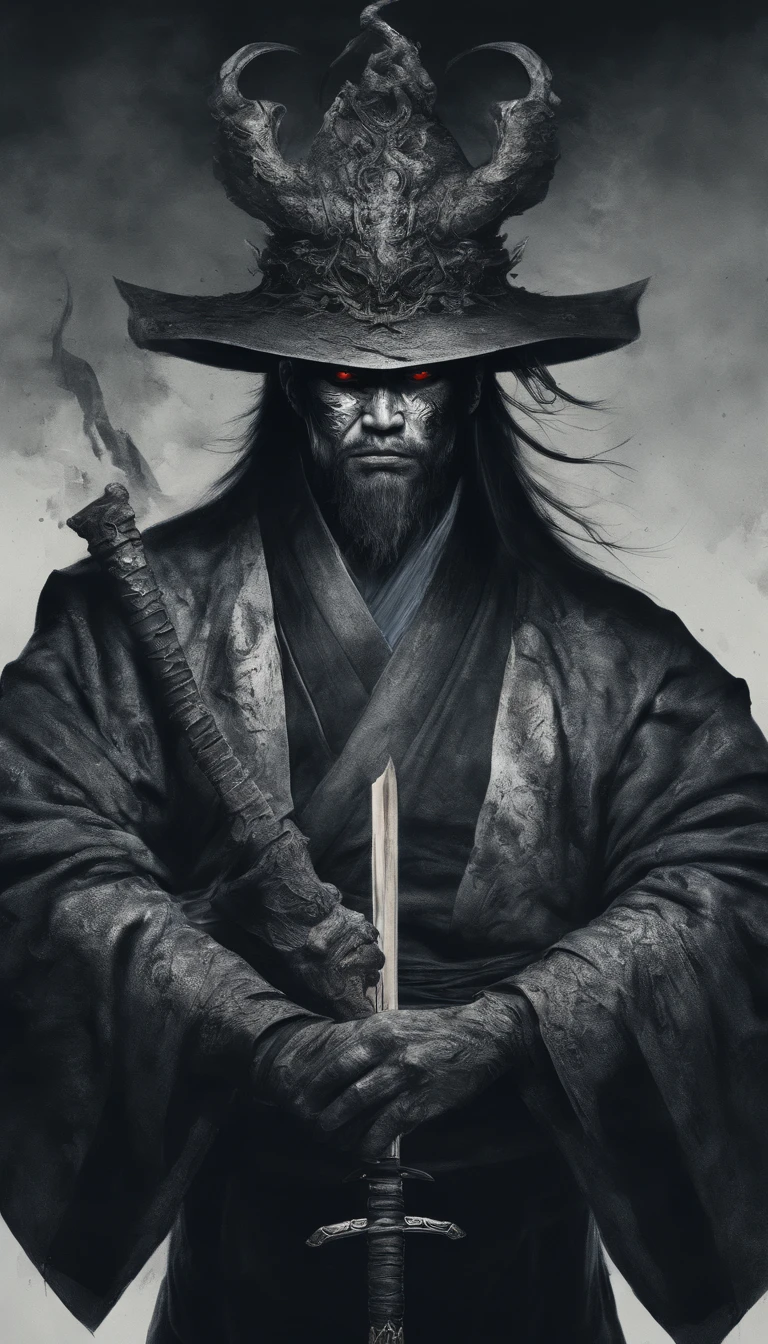 middle aged man, Evil painting style, A high resolution, Black color hair, Half is the body of a demon，Half a demon face, Chinese Warrior, Delicate three-dimensional blue flame demon face, sbeard, Wearing a hat, Expression of anger, Perfect body proportions, kaftan, Black and white robes, A scabbard hangs from his waist, Handsome, The seven-doppelganger has an unobstructed view, standing on your feet, （White background：1.3）, swordsman, He held a long knife that was wide and heavy in his hand。。。。。。。。。。。。。。。。。。。, Face the lens, （Blackn clothes：0.8）, High detail, Masterpiece, ccurate, Anatomically correct, Textured skin