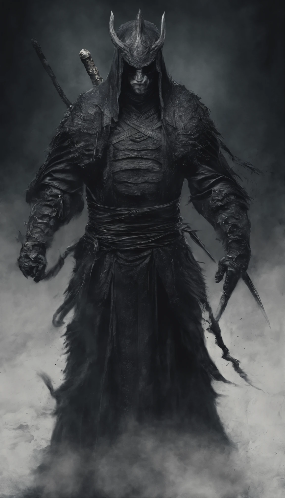 middle aged man, Evil painting style, A high resolution, Black color hair, Half is the body of a demon，Half a demon face, Chinese Warrior, Delicate three-dimensional blue flame demon face, sbeard, Wearing a hat, Expression of anger, Perfect body proportions, kaftan, Black and white robes, A scabbard hangs from his waist, Handsome, The seven-doppelganger has an unobstructed view, standing on your feet, （White background：1.3）, swordsman, He held a long knife that was wide and heavy in his hand。。。。。。。。。。。。。。。。。。, Face the lens, （Blackn clothes：0.8）, High detail, Masterpiece, ccurate, Anatomically correct, Textured skin