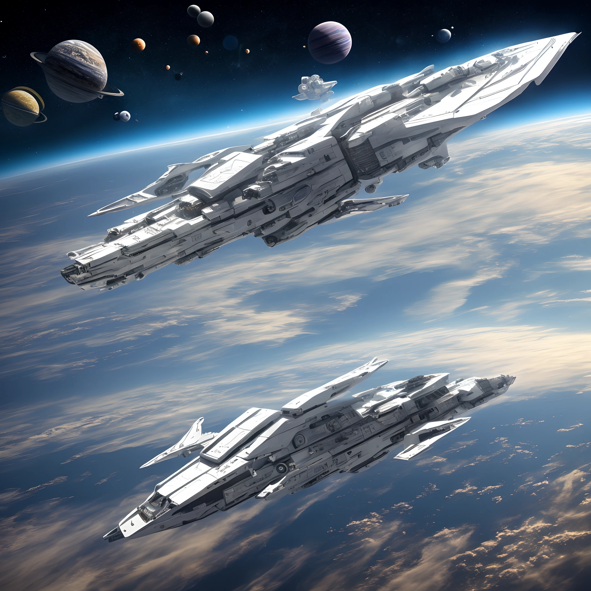 large, Long Spaceship, white with blue accents, in the middle of outer space, Futurism, hyper realisitc, science-fiction, higly detailed