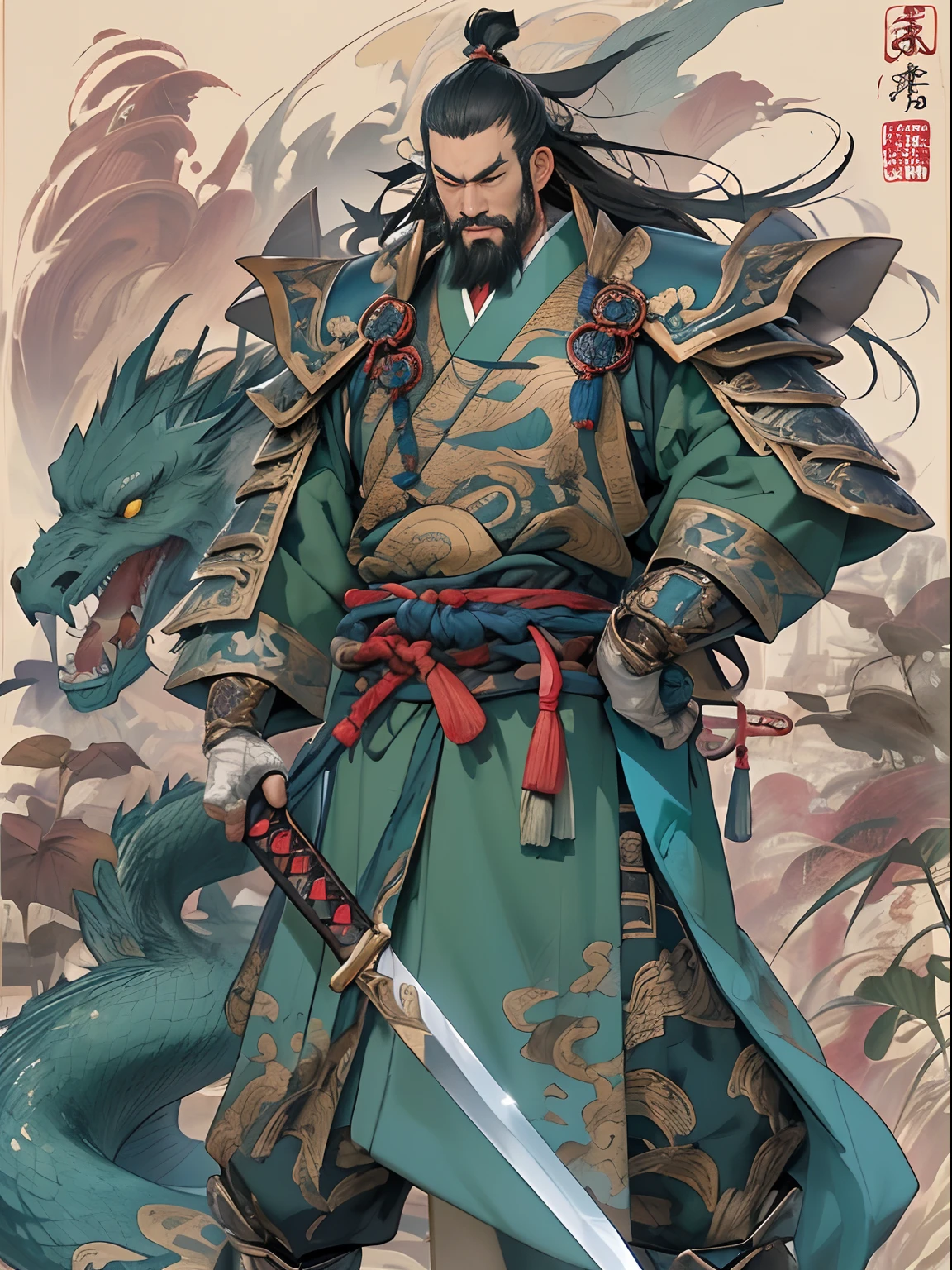 (((China-style,Ink painting method,Half-length portrait,Intense color,Han dynasty, China,Hanfu,Armor,Guan yu,Guan Yunchang,of a guy,Ruddy killing square face,Hold the Blue Dragon Moon Knife in his right hand,Stroke your beard with your left hand,Long hair,petty eyes,Green robe))), (((best qualityer))), (((tmasterpiece))), (((AS-Adult))), ((( Japanese ))), Look up from your knees, Handsome Asian samurai,perfect body figure, Modern samurai, ((( Asian))), Wear gloves on your hands,The left arm is made of steel and metal tips,Made of protective devices, The eyes are pulled, (( Appears below the chest )), (( Small dental floss )), Simon Bisley, Almost naked(Simon Bisley)Castle City Wilderness,For high-resolution posters, hair straight, Minimum clothing, armure (Crazy clothes ), Full of tips and rivets, tribal tattoos, (((full bodyesbian))), Straight brunette hair,Colored hair ends