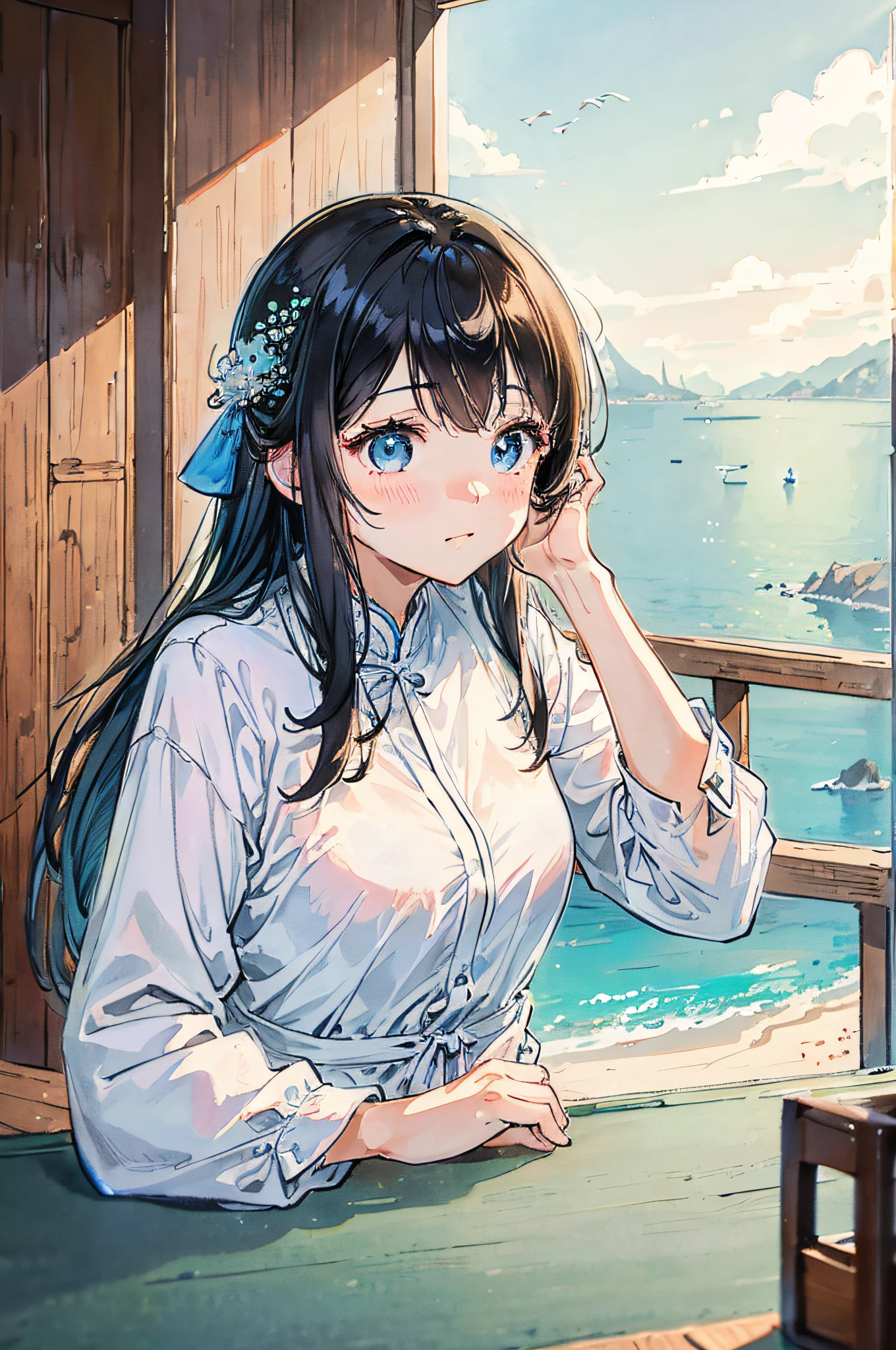 best qualtiy、细致背景、girl with、You can see the sea in the distance、Sitting in the dining room、a bird、delicated face