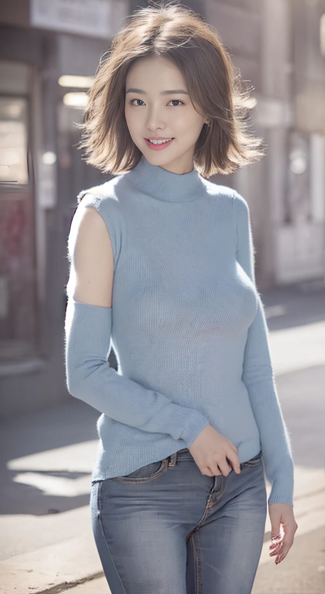 (skin blemish:1.2), (skin indentation), dark circles, 1womanl, 25 age old, (((woman))), Solo, Realistic, Best quality, Photorealistic, Mastery, 8K, A high resolution, Solo, Extremely detailed face, (Professional lighting，Bokeh），（light particules，lens flare glow，Luminous Particle：0.6），（dynamicposes：1.2），gentlesoftlighting，Top corner view，Trendy atmosphere，jpn，the street，城市，toyko，ports，（（In the daytime)), Skysky, ((looking at viewert:1)), (looks into camera), opulent,Coquettish sex，Coquettish pose，Dignified standing，Show off your figure，The posture is diverse, keep original facial proportion, Shave your shoulders, full bodyesbian, (Bigchest), (short detailed hair，bobo head), A brown-haired, Hair is delicate and soft，Fluttering, cparted lips, lipsticks, Seductive smile, ssmile, Open-mouthed, teeth, (Blue skinny sweater), (Wash blue）（skintight jeans),detailed outfits:1.5， eyeslashes, birthmark, (Moles under eyes: 1),Legs are well-proportioned, Slender and fair，A pair of lotus ankles are white and tender，without wearing shoes，Beautiful feet with meticulous details，Focus on the chest，Standing position，fully body photo:1.8