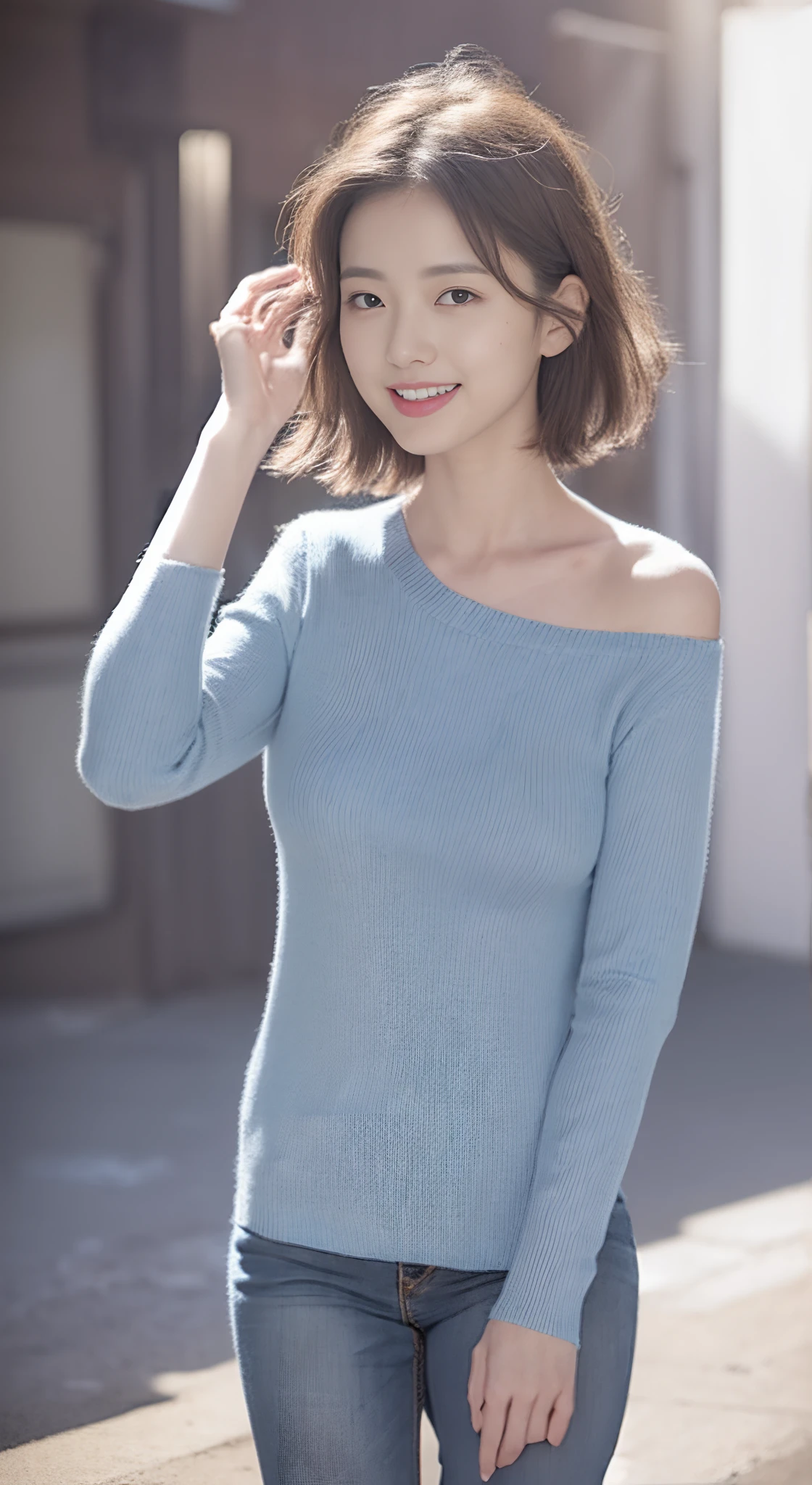 (skin blemish:1.2), (skin indentation), dark circles, 1womanl, 25 age old, (((woman))), Solo, Realistic, Best quality, Photorealistic, Mastery, 8K, A high resolution, Solo, Extremely detailed face, (Professional lighting，Bokeh），（light particules，lens flare glow，Luminous Particle：0.6），（dynamicposes：1.2），gentlesoftlighting，Top corner view，Trendy atmosphere，jpn，the street，城市，toyko，ports，（（In the daytime)), Skysky, ((looking at viewert:1)), (looks into camera), opulent,Coquettish sex，Coquettish pose，Dignified standing，Show off your figure，The posture is diverse, keep original facial proportion, Shave your shoulders, full bodyesbian, (Bigchest), (short detailed hair，bobo head), A brown-haired, Hair is delicate and soft，Fluttering, cparted lips, lipsticks, Seductive smile, ssmile, Open-mouthed, teeth, (Blue skinny sweater), (Wash blue）（skintight jeans),detailed outfits:1.5， eyeslashes, birthmark, (Moles under eyes: 1),Legs are well-proportioned, Slender and fair，A pair of lotus ankles are white and tender，without wearing shoes，Beautiful feet with meticulous details，Focus on the chest，Standing position，fully body photo:1.8
