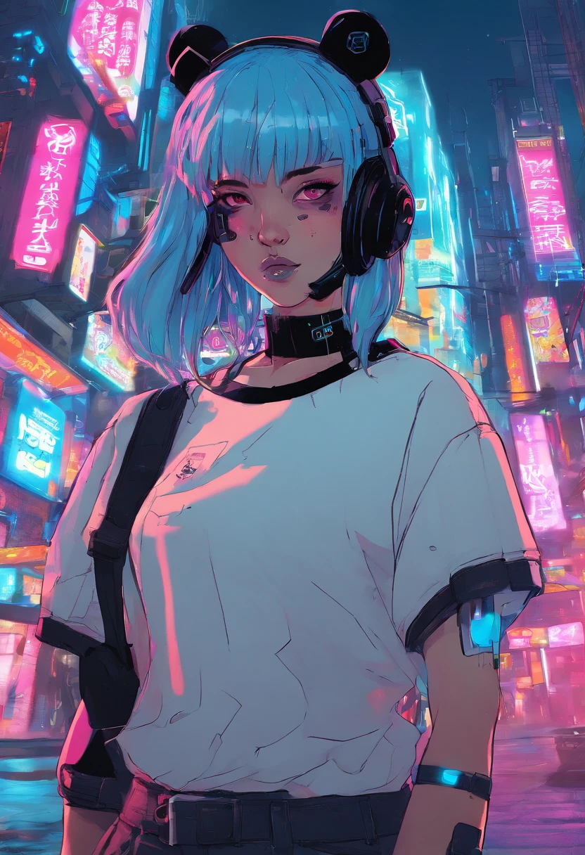 super detailed, Panda-headed girl in white T-shirt in the cyberpunk town of Takatsuki. blue hair, amarelo colourfull