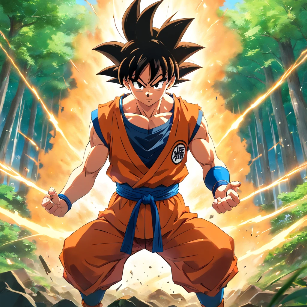 Goku em uma pose frontal, em um campo de batalha, feito por akira toriyama