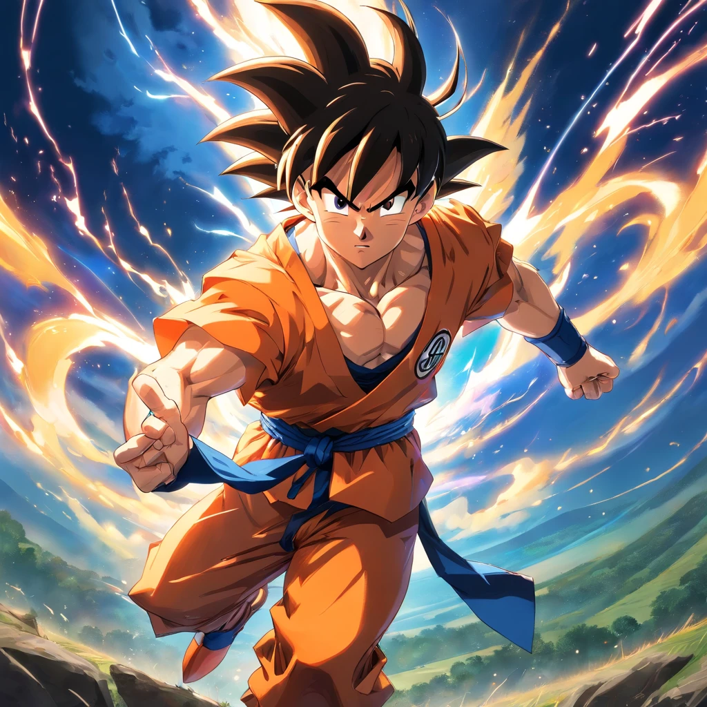 Goku em uma pose frontal, em um campo de batalha, feito por akira toriyama