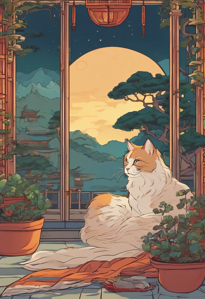 Song Dynasty aesthetics,Escritorios,gatos,ordenador,ventana grande,muchas plantas,Hay luna en la noche