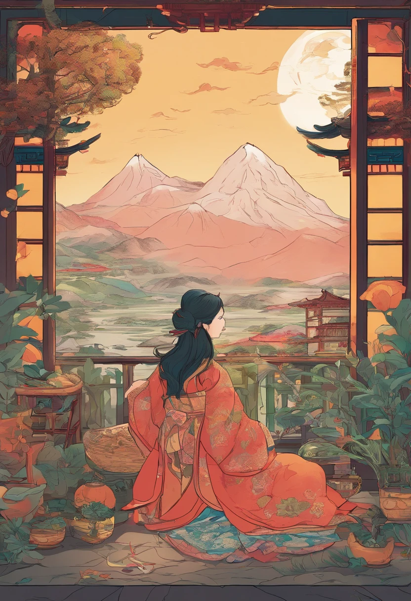 Song Dynasty aesthetics,Escritorios,gatos,ordenador,ventana grande,muchas plantas,Hay luna en la noche