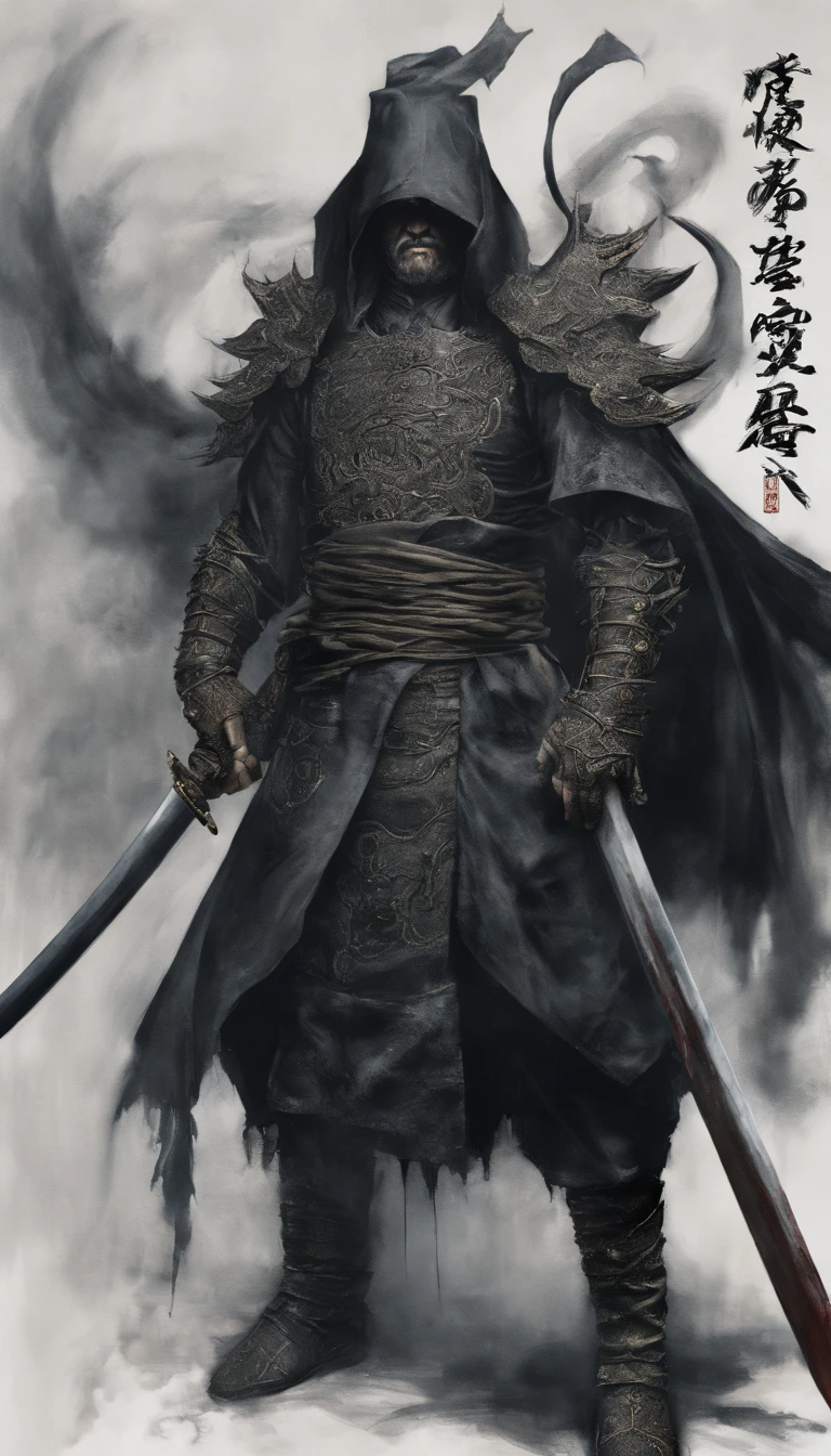 middle aged man, Evil painting style, A high resolution, Black color hair, Half is the body of a demon，Half a demon face, Chinese Warrior, Delicate three-dimensional blue flame demon face, sbeard, Wearing a hat, Expression of anger, Perfect body proportions, kaftan, Black and white robes, A scabbard hangs from his waist, Handsome, The seven-doppelganger has an unobstructed view, standing on your feet, （White background：1.3）, swordsman, He held a long knife that was wide and heavy in his hand。。。。。。。。。。。。。。。。。。。。, Face the lens, （Blackn clothes：0.8）, High detail, Masterpiece, ccurate, Anatomically correct, Textured skin