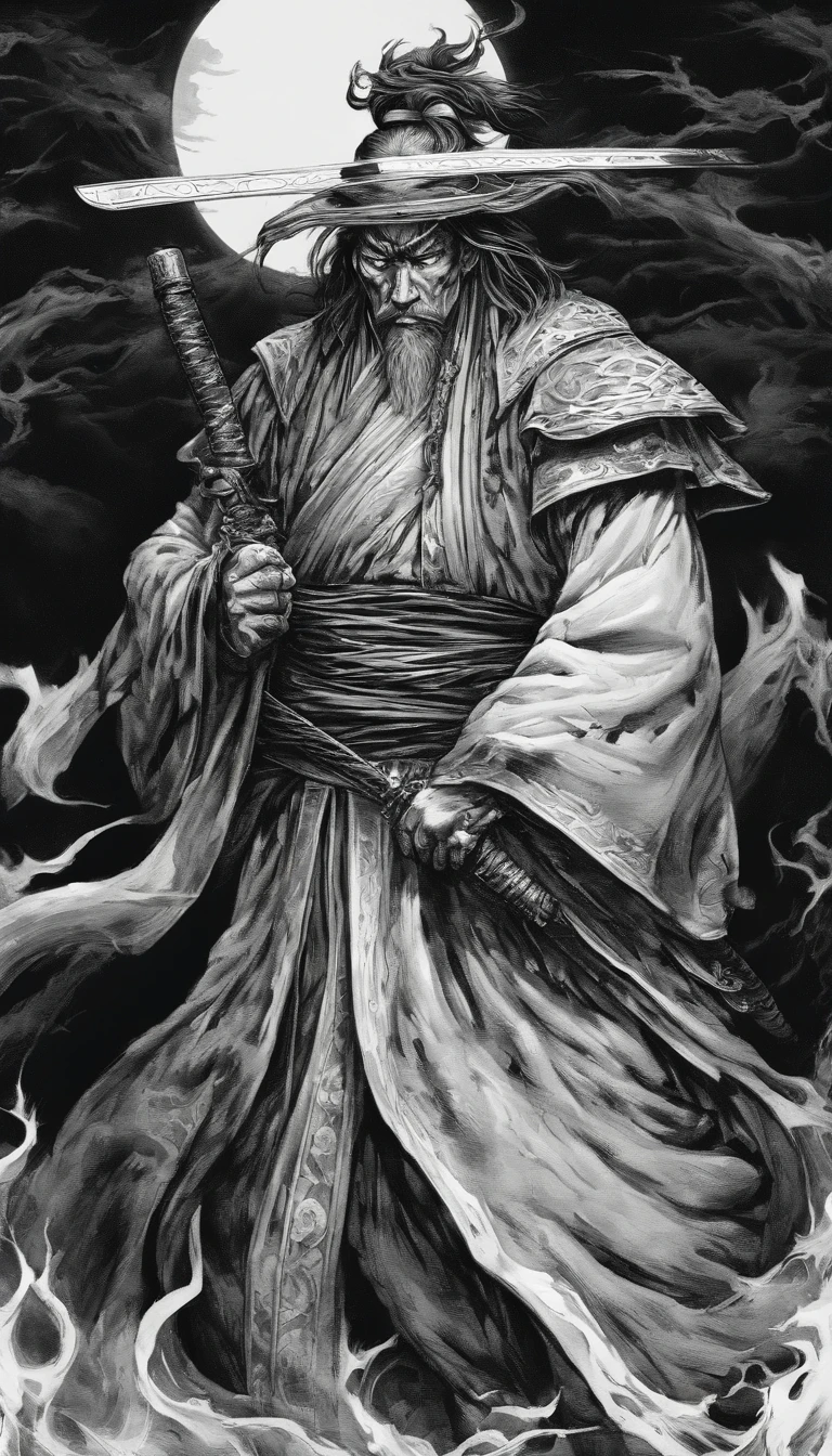 middle aged man, Evil painting style, A high resolution, Black color hair, Half is the body of a demon，Half a demon face, Chinese Warrior, Delicate three-dimensional blue flame demon face, sbeard, Wearing a hat, Expression of anger, Perfect body proportions, kaftan, Black and white robes, A scabbard hangs from his waist, Handsome, The seven-doppelganger has an unobstructed view, standing on your feet, （White background：1.3）, swordsman, He held a long knife that was wide and heavy in his hand。。。。。。。。。。。。。。。。。。。。, Face the lens, （Blackn clothes：0.8）, High detail, Masterpiece, ccurate, Anatomically correct, Textured skin