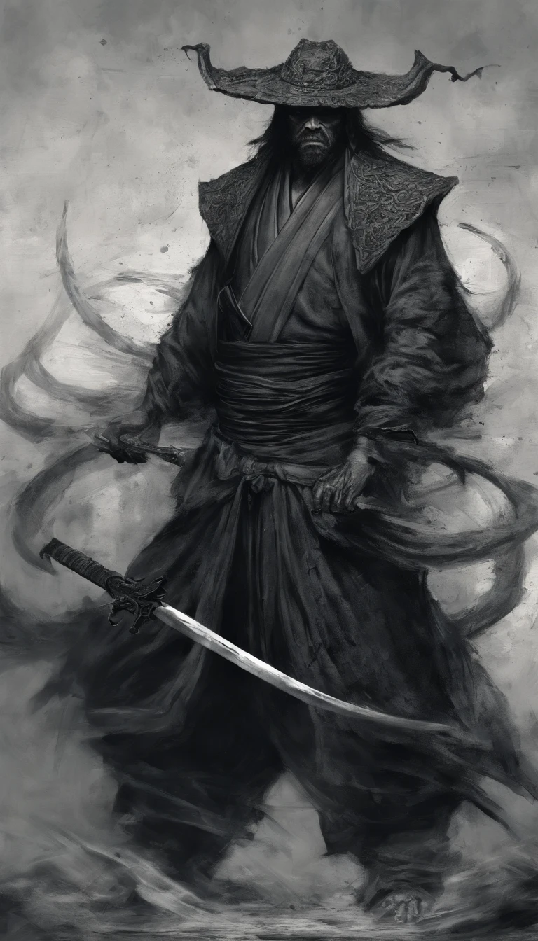 middle aged man, Evil painting style, A high resolution, Black color hair, Half is the body of a demon，Half a demon face, Chinese Warrior, Delicate three-dimensional blue flame demon face, sbeard, Wearing a hat, Expression of anger, Perfect body proportions, kaftan, Black and white robes, A scabbard hangs from his waist, Handsome, The seven-doppelganger has an unobstructed view, standing on your feet, （White background：1.3）, swordsman, He held a long knife that was wide and heavy in his hand。。。。。。。。。。。。。。。。。。。。, Face the lens, （Blackn clothes：0.8）, High detail, Masterpiece, ccurate, Anatomically correct, Textured skin